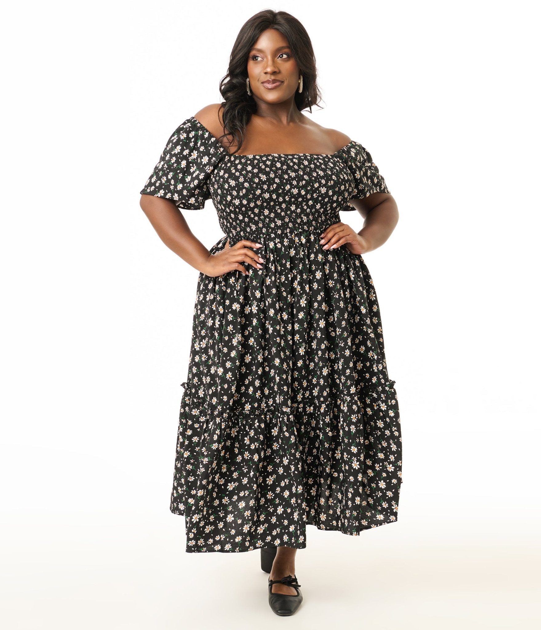 Unique Vintage Plus Size 1960s Black & White Ditsy Floral Smocked Bodice Midi Dress