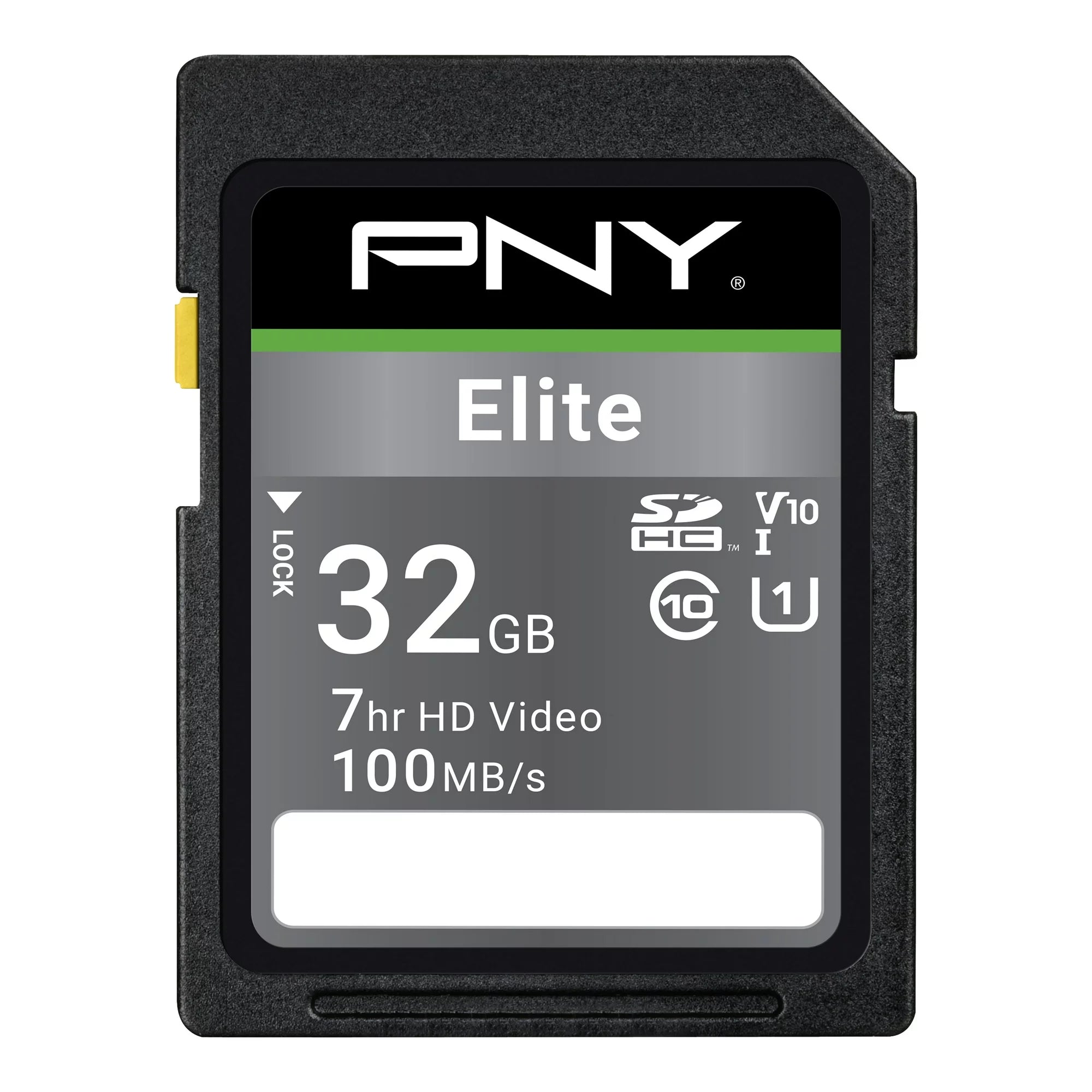 PNY P-SD32GV10100ELGC-GE 32GB Elite Class 10 U1 V10 SD Flash Memory Card, 100MB/s read, Class 10, U1, V10, Full HD, UHS-I, Full Size SD