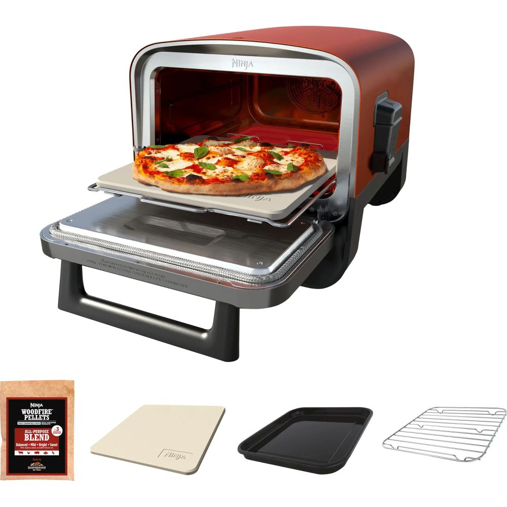 Ninja OO101 Woodfire Pizza Oven, 8-in-1 Outdoor Oven, 5 Pizza Settings, Smoker, Woodfire Technology, Electric - Terracotta Red