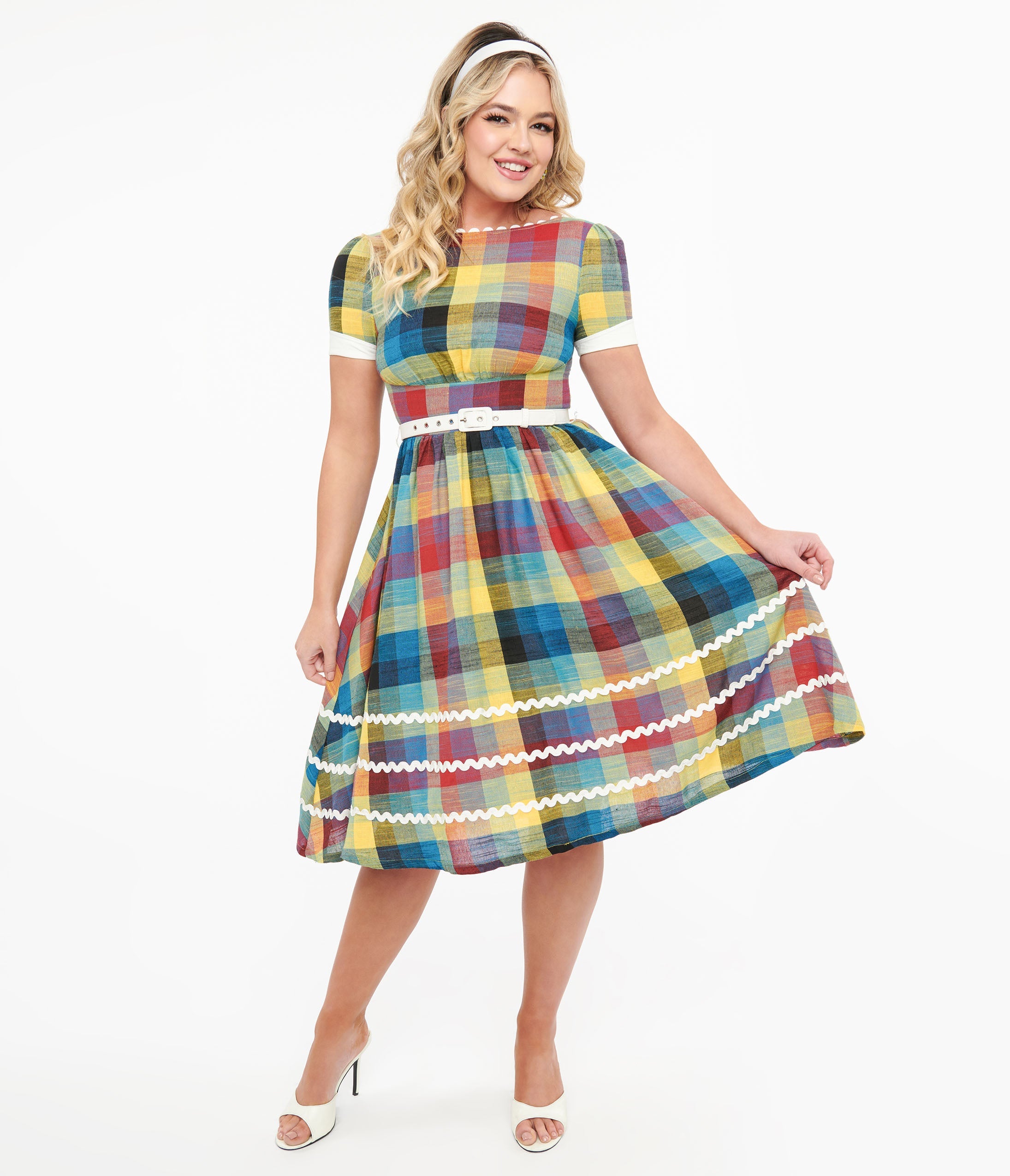 Unique Vintage 1950s Multicolor Plaid Cotton Swing Dress