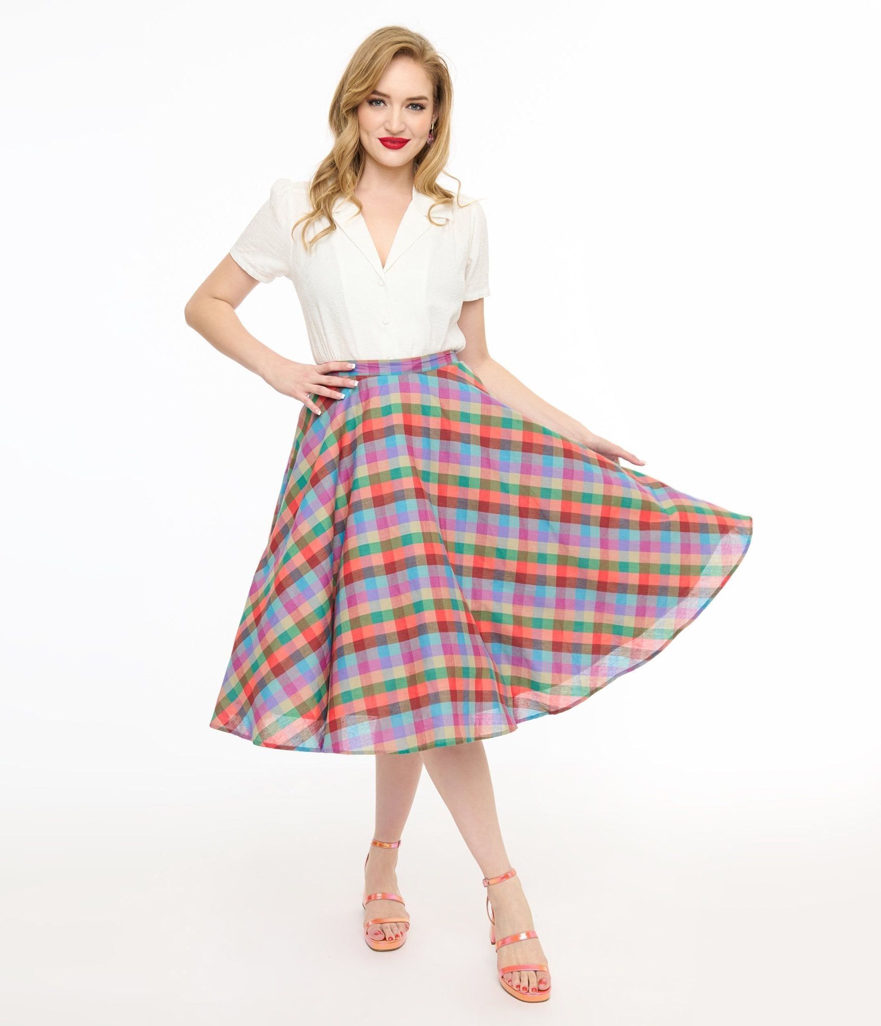 Magnolia Place 1950s Multicolor Madras Plaid Cotton Sally Swing Skirt