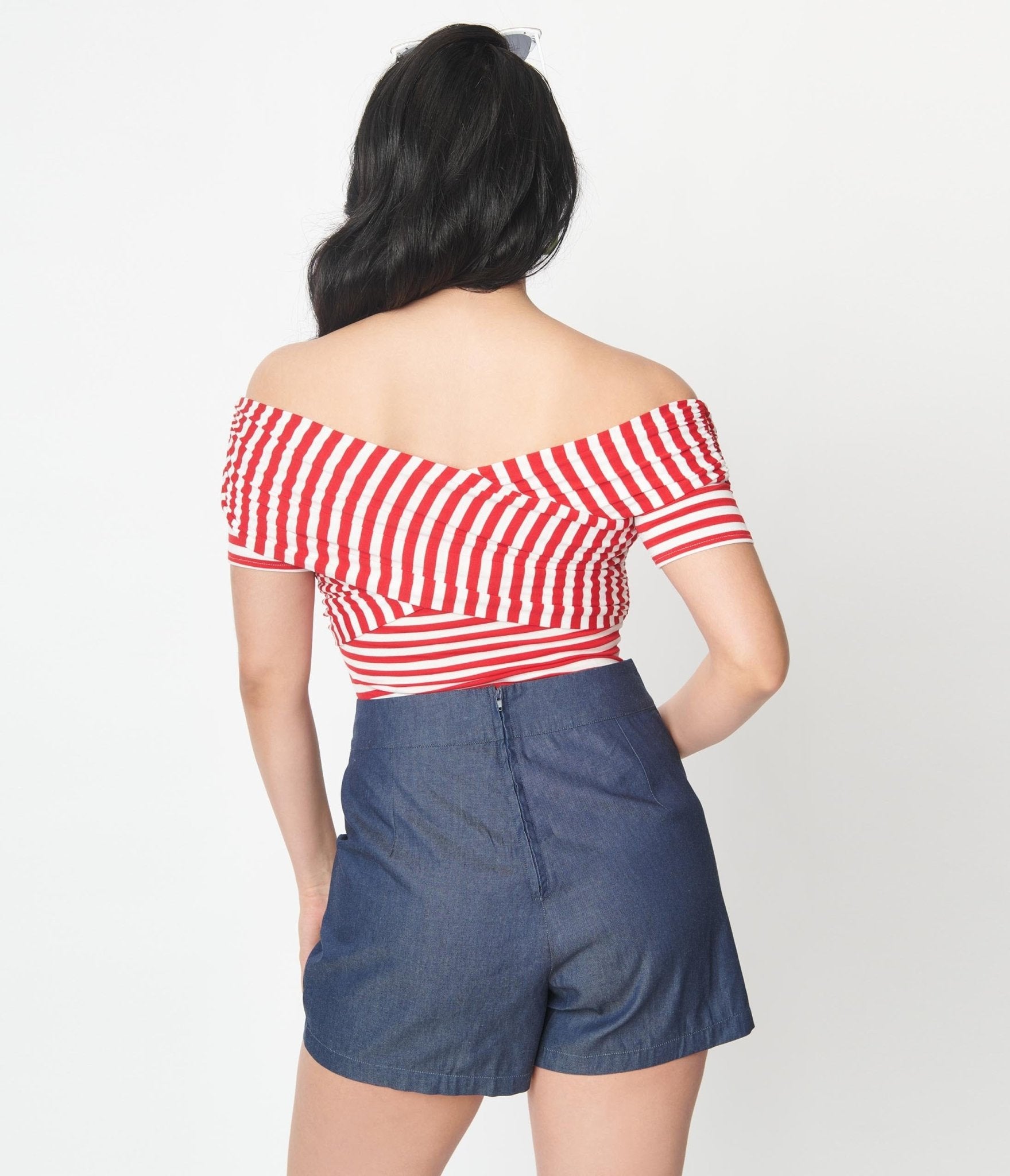 Unique Vintage Red & White Striped Off Shoulder Daydreamer Bodysuit