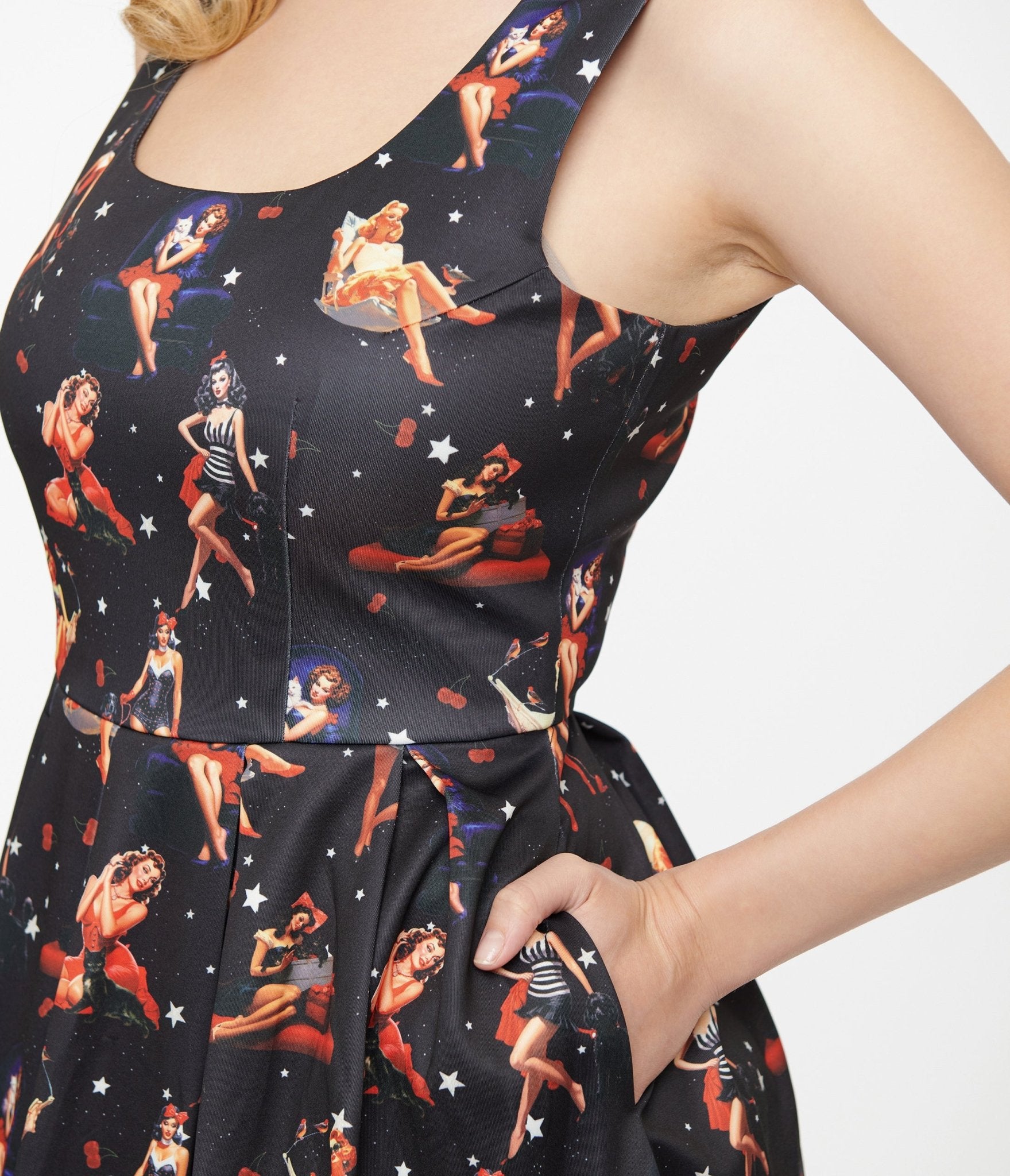 Dolly & Dotty 1950s Black & Pinup Print Amanda Swing Dress