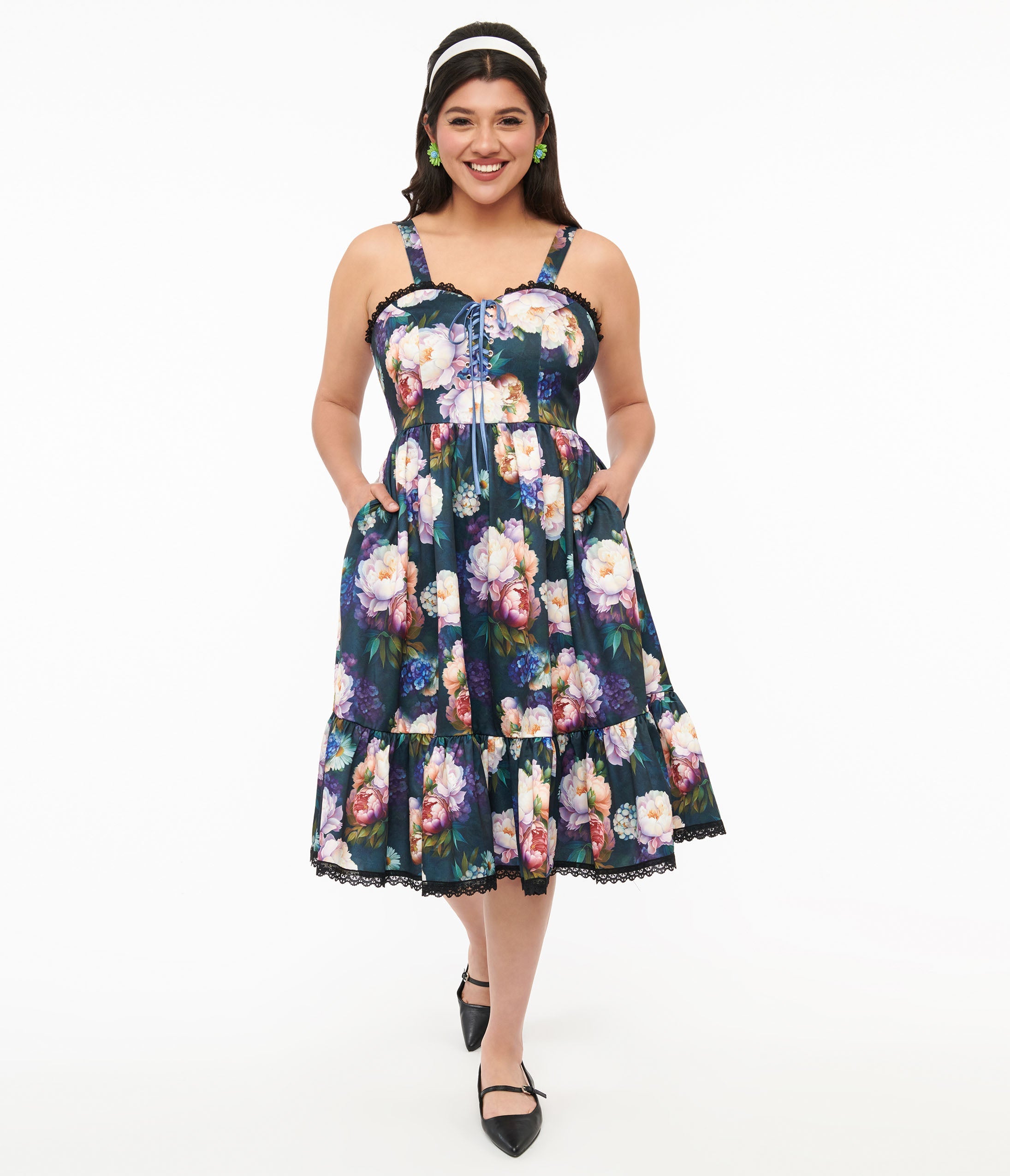 Dark Green Floral Heidi Swing Dress