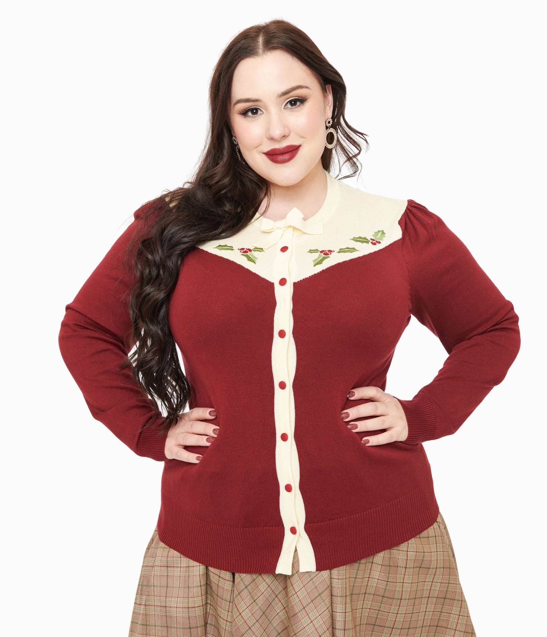 Smak Parlour Plus Size 1960s Burgundy & Ivory Mistletoe Cardigan