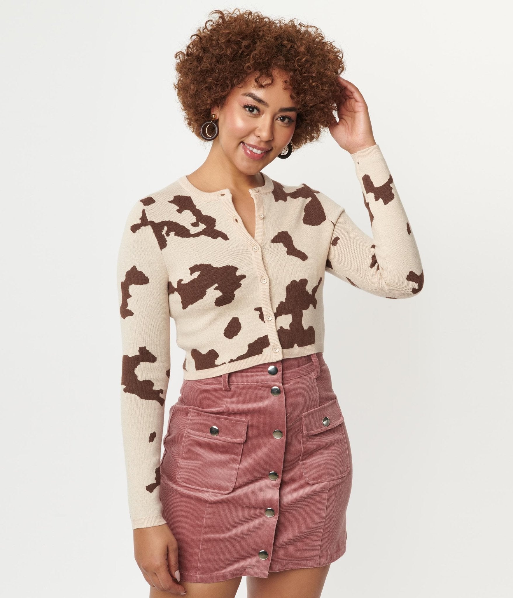 Brown Cow Print Crop Cardigan