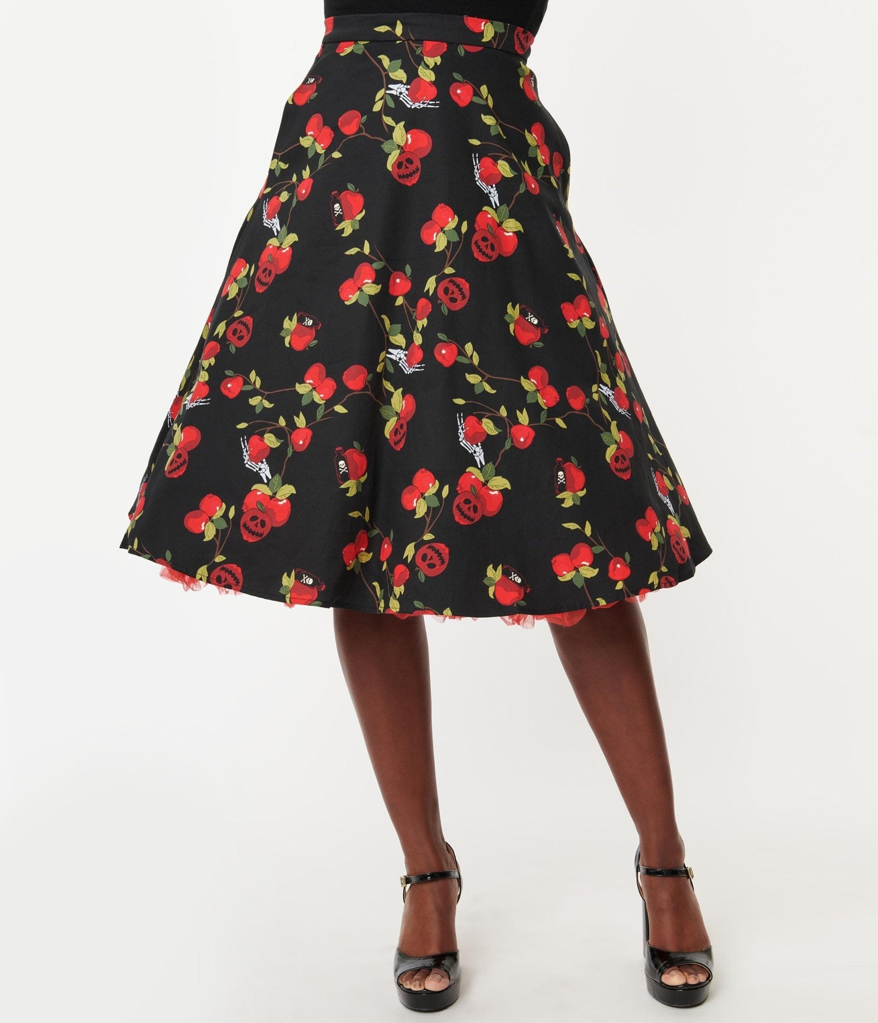 Collectif Black & Red Deathly Apples Cassie Swing Skirt