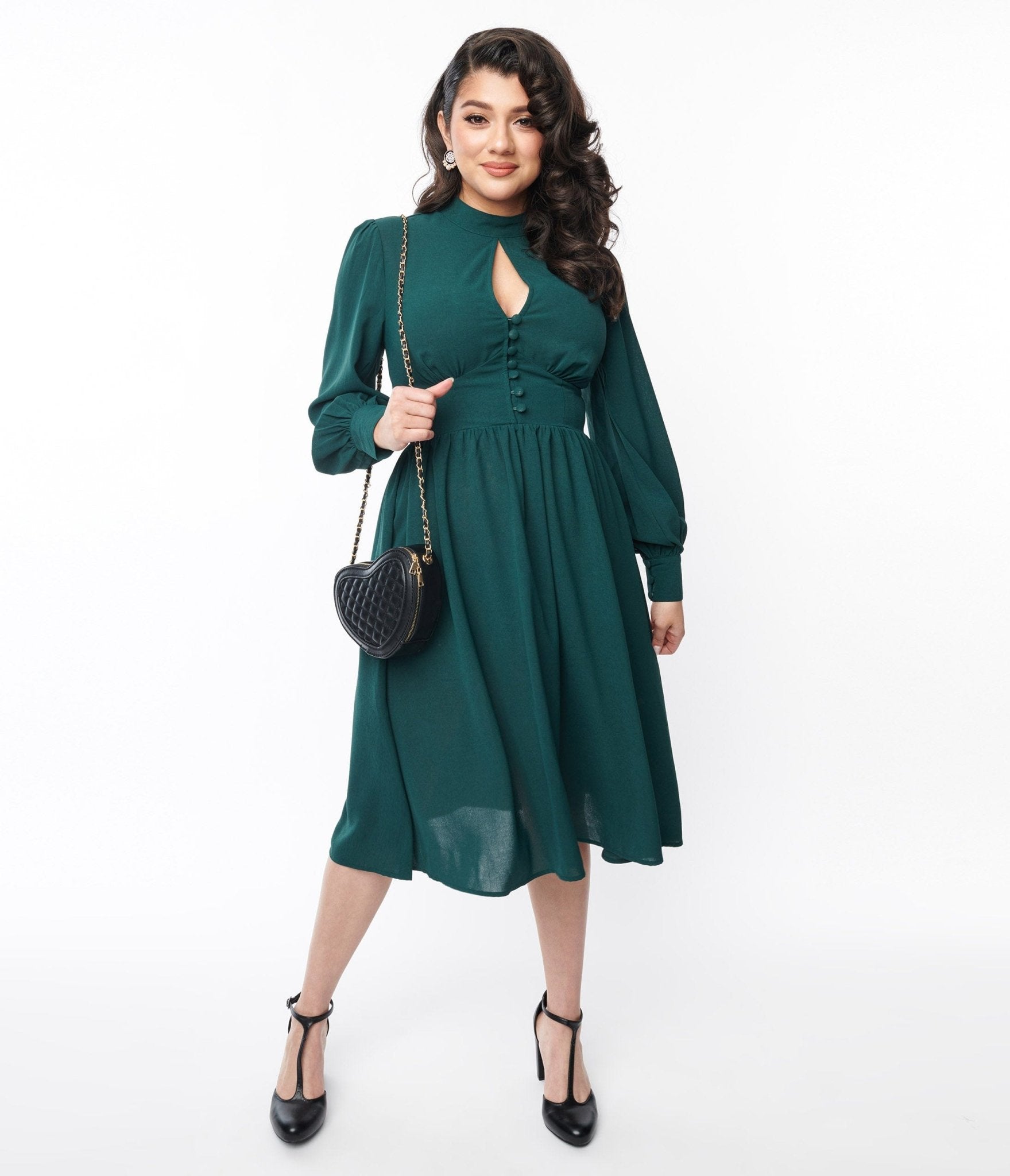 Unique Vintage 1970s Hunter Green Keyhole Swing Dress