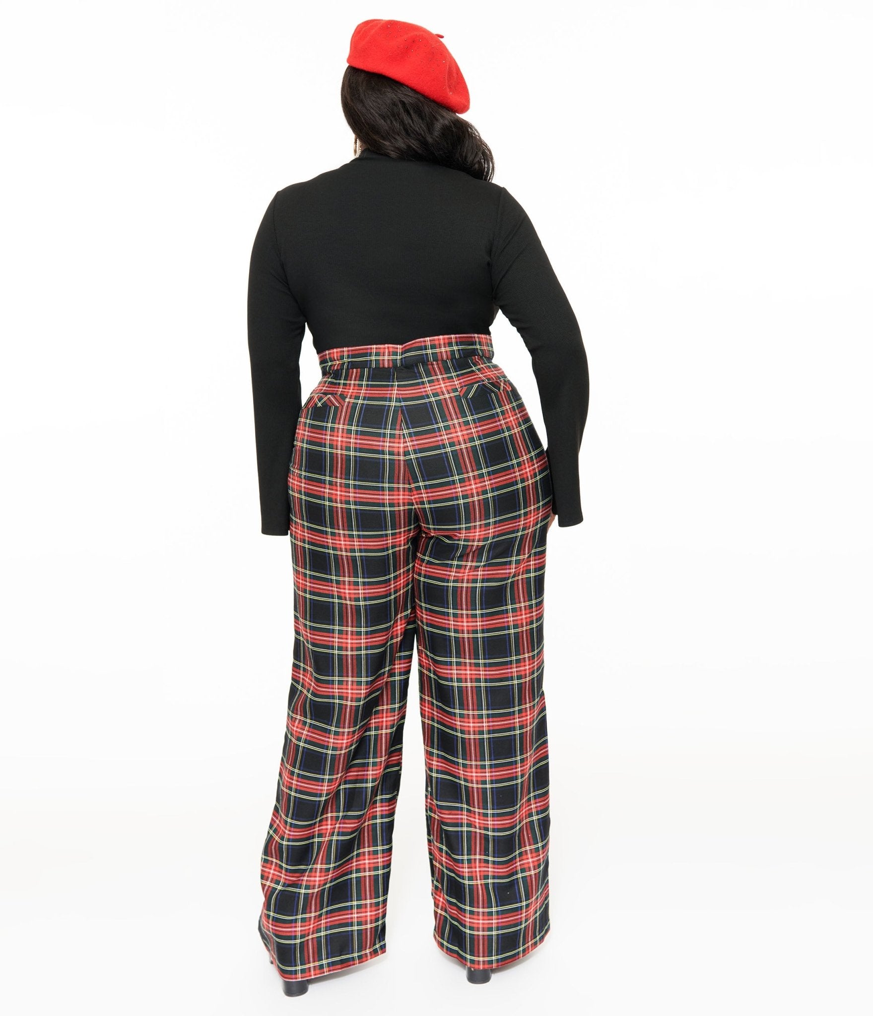 Smak Parlour Plus Size 1960s Black & Red Plaid Wide Leg Trousers