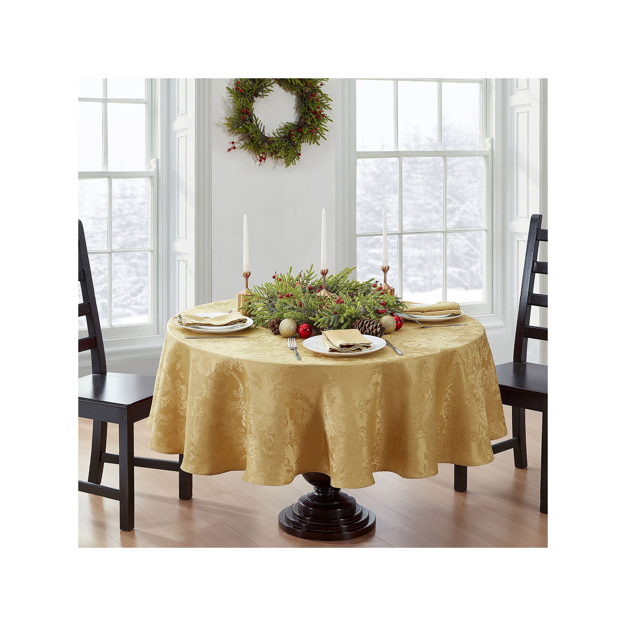 Elrene Home Fashions Poinsettia Elegance Round/Oval Tablecloth - GOLD ONE SIZE