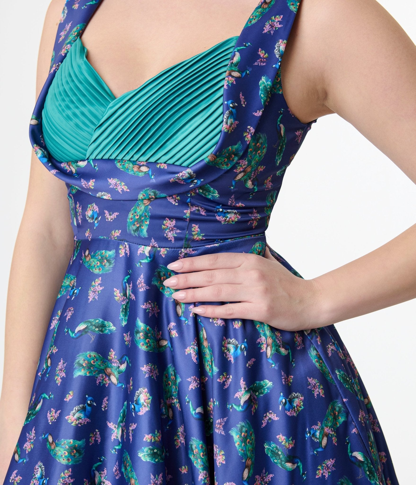 Dolly & Dotty 1950s Purple & Teal Peacock Print Grace Swing Dress