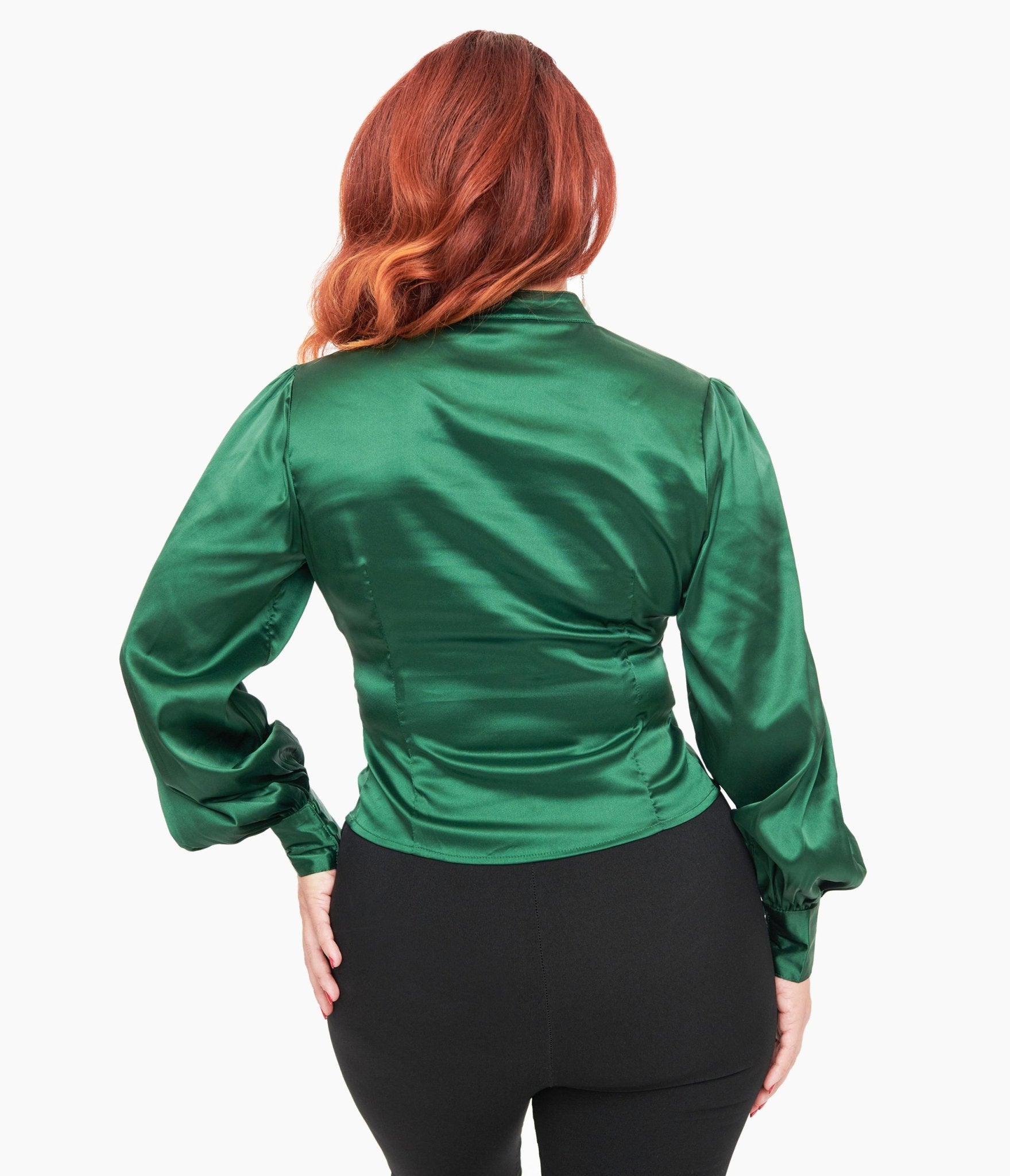 Unique Vintage 1970s Emerald Satin Keyhole Button Waist Blouse