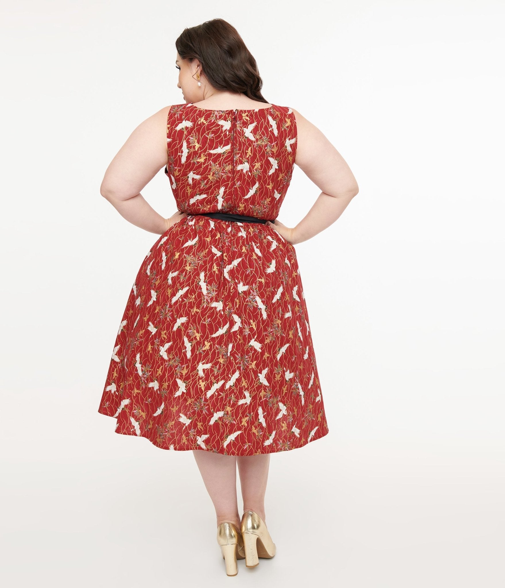 Unique Vintage Plus Size 1950s Burgundy Fall Crane Sleeveless Swing Dress