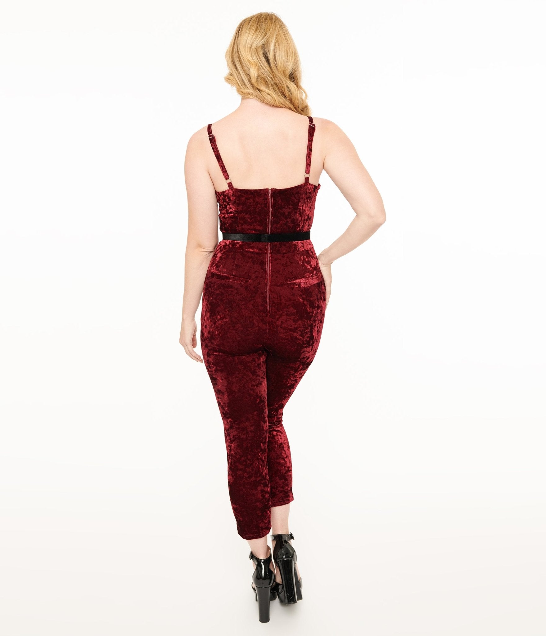 Unique Vintage 1950s Burgundy Crushed Velvet Cropped Jumpsuit