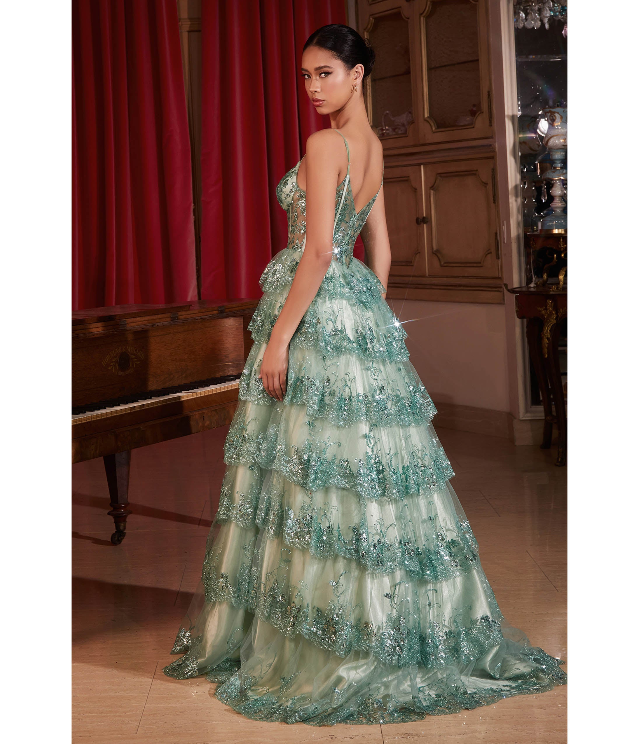 Ladivine by Cinderella Divine Sage Sparkle Tiered Prom Dress