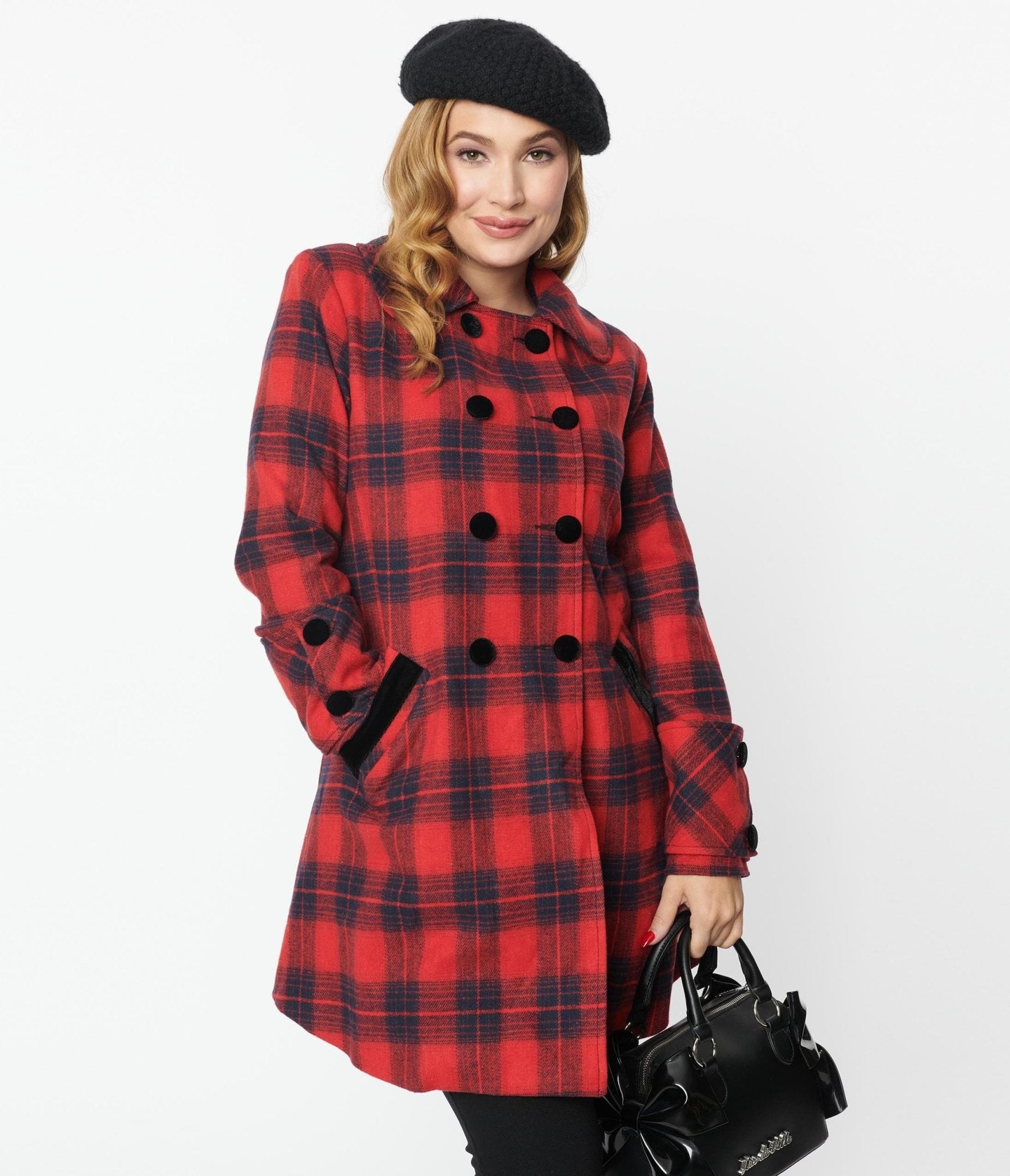 Unique Vintage Red & Navy Plaid Peacoat