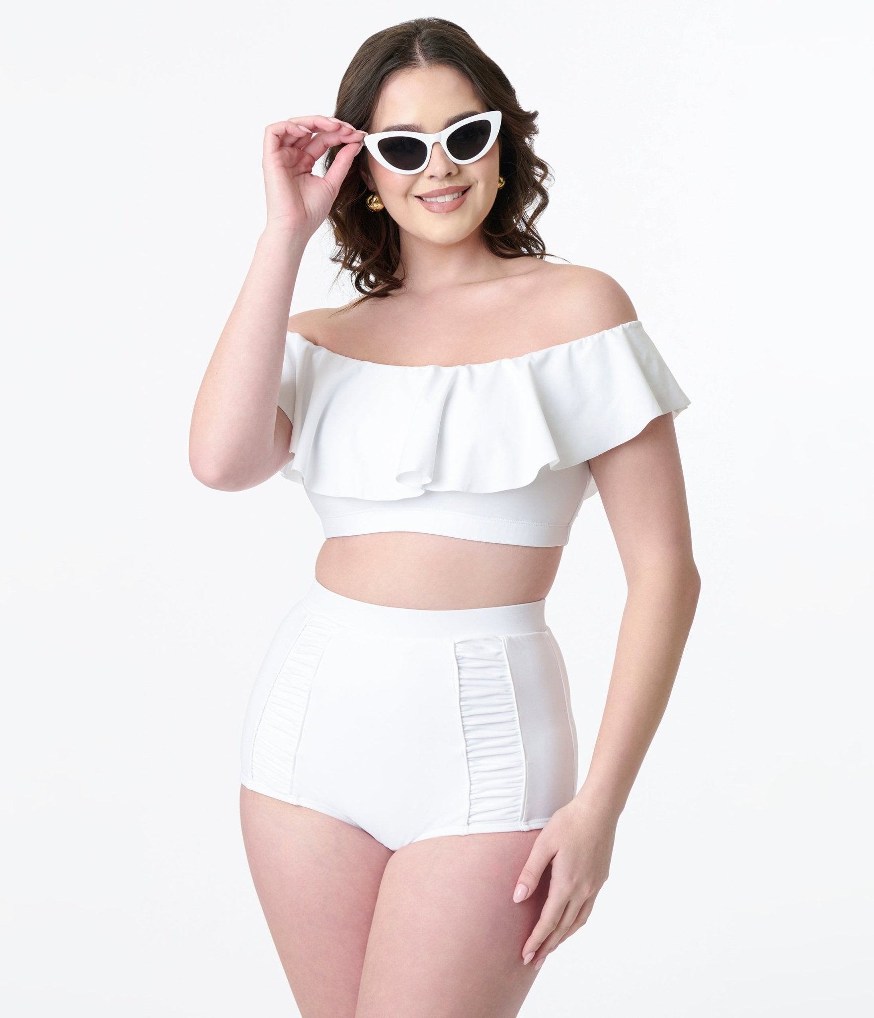 Unique Vintage White Ruched Swim Bottom