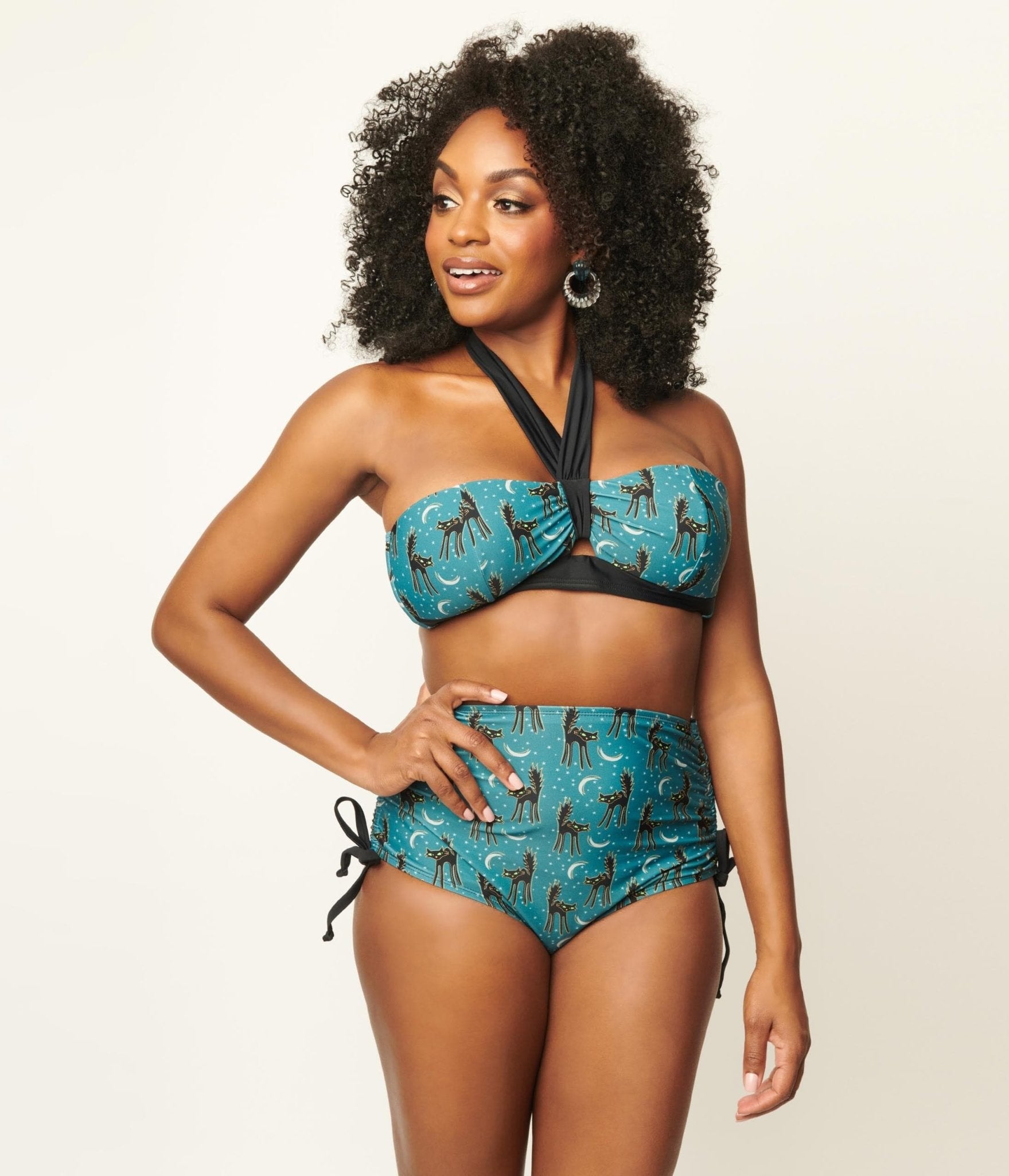 Unique Vintage Blue & Spooky Cat Print Forever Glam Swim Top