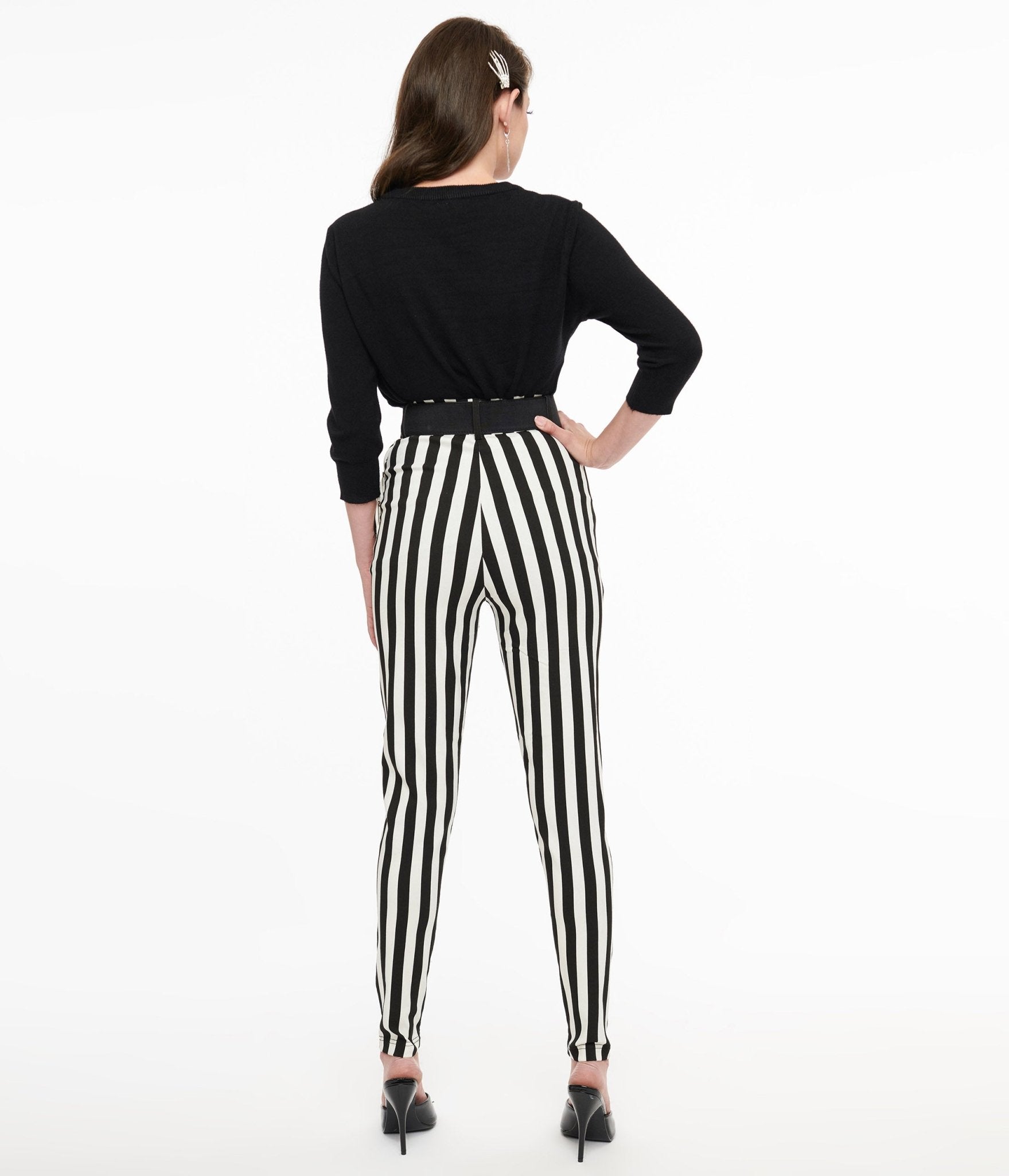 Unique Vintage Black & White Stripe Belted Rizzo Cigarette Pants