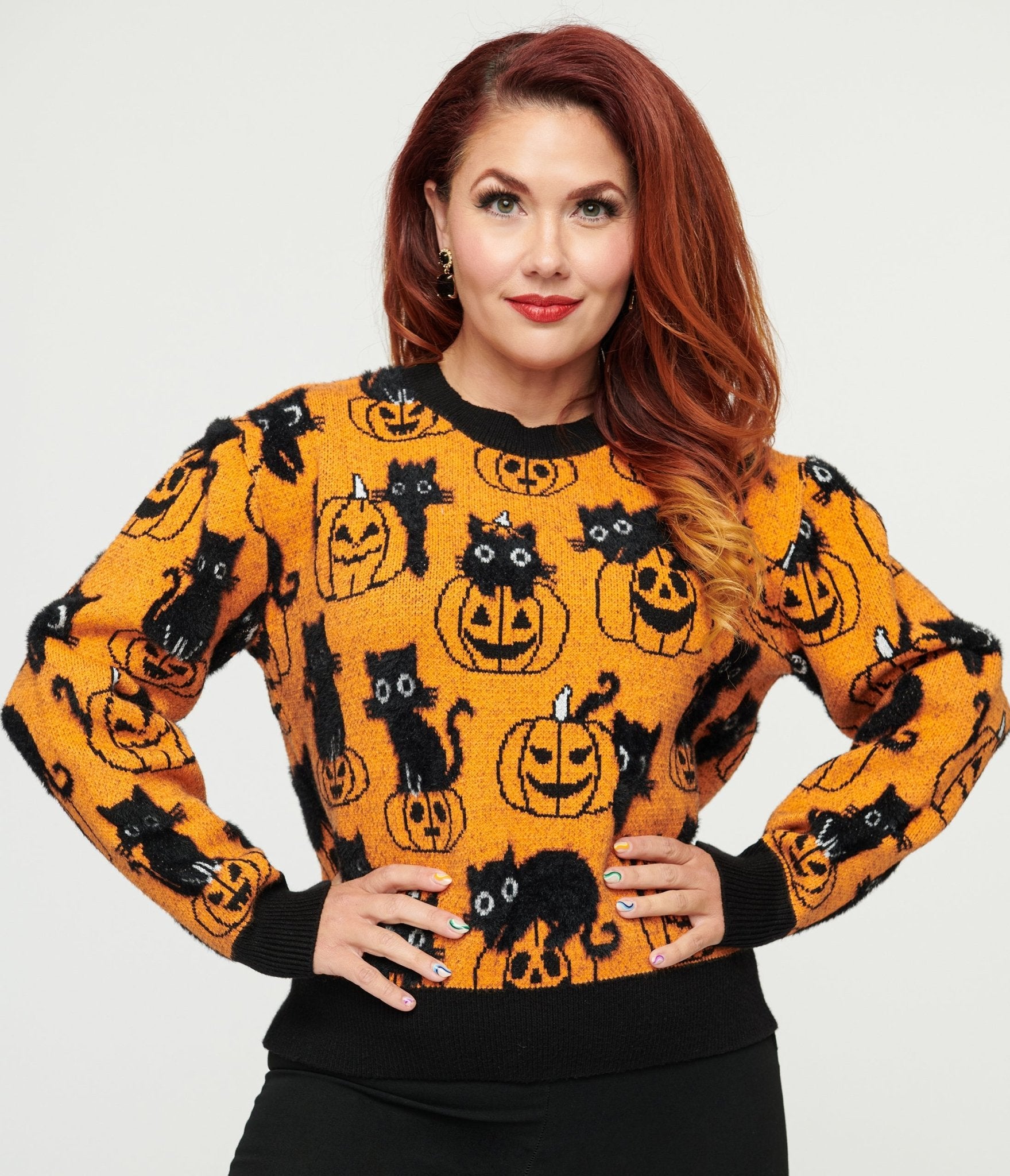 Unique Vintage Orange Pumpkin & Black Cat Print Sweater