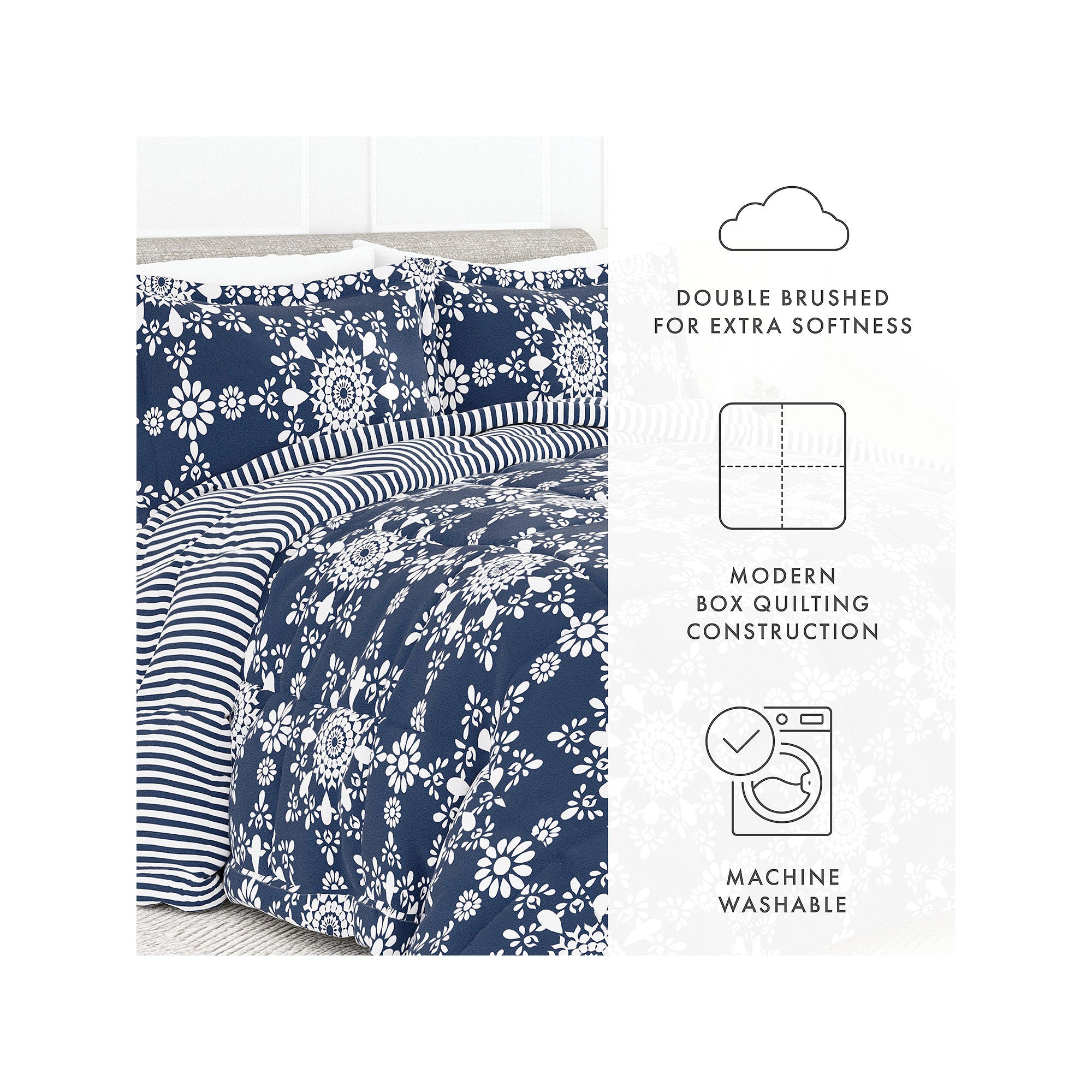 Casual Comfort Daisy Medallion Reversible Down-Alternative Comforter - NAVY ONE SIZE