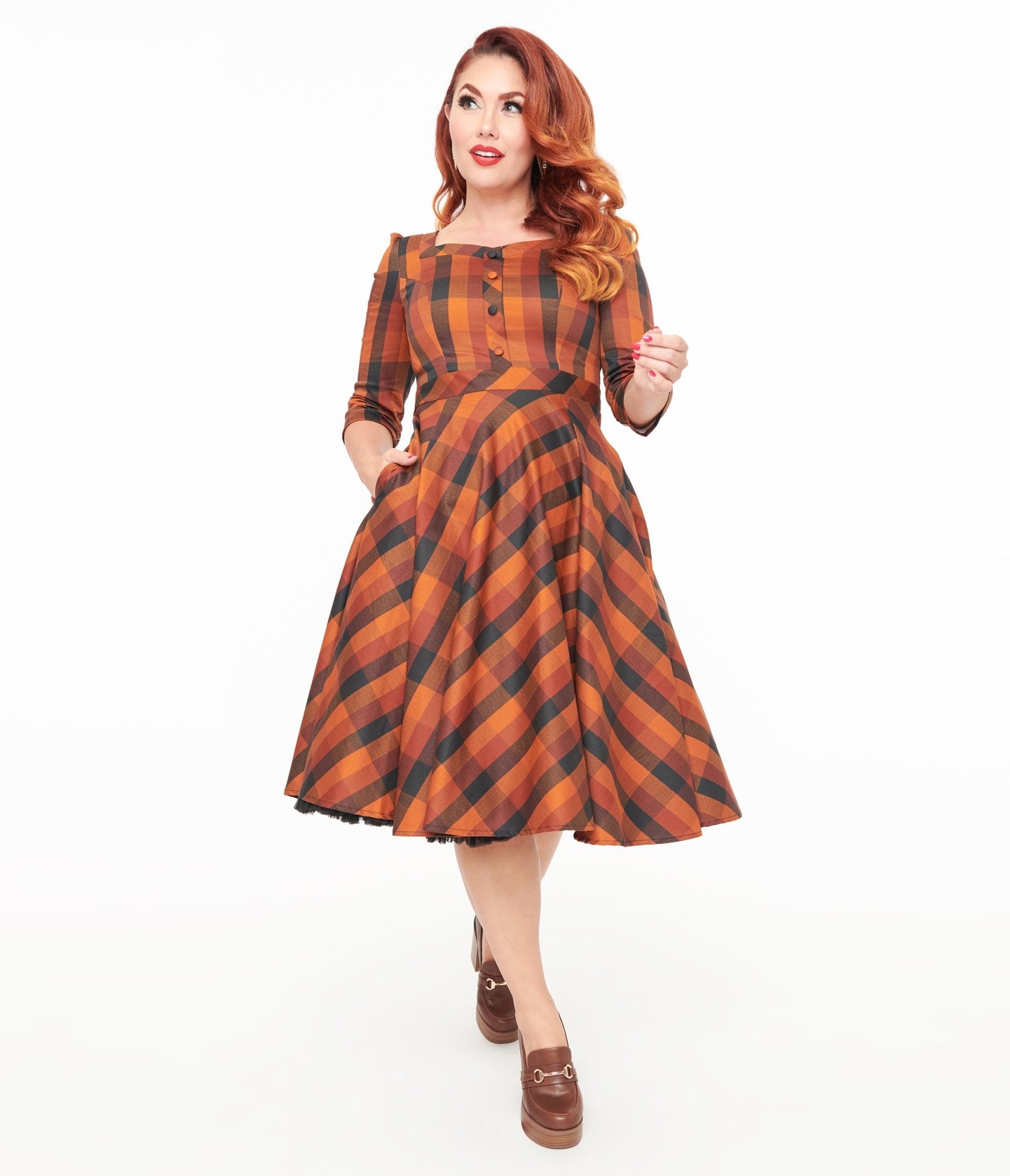 Hearts & Roses Brown & Orange Check Caitlin Swing Dress