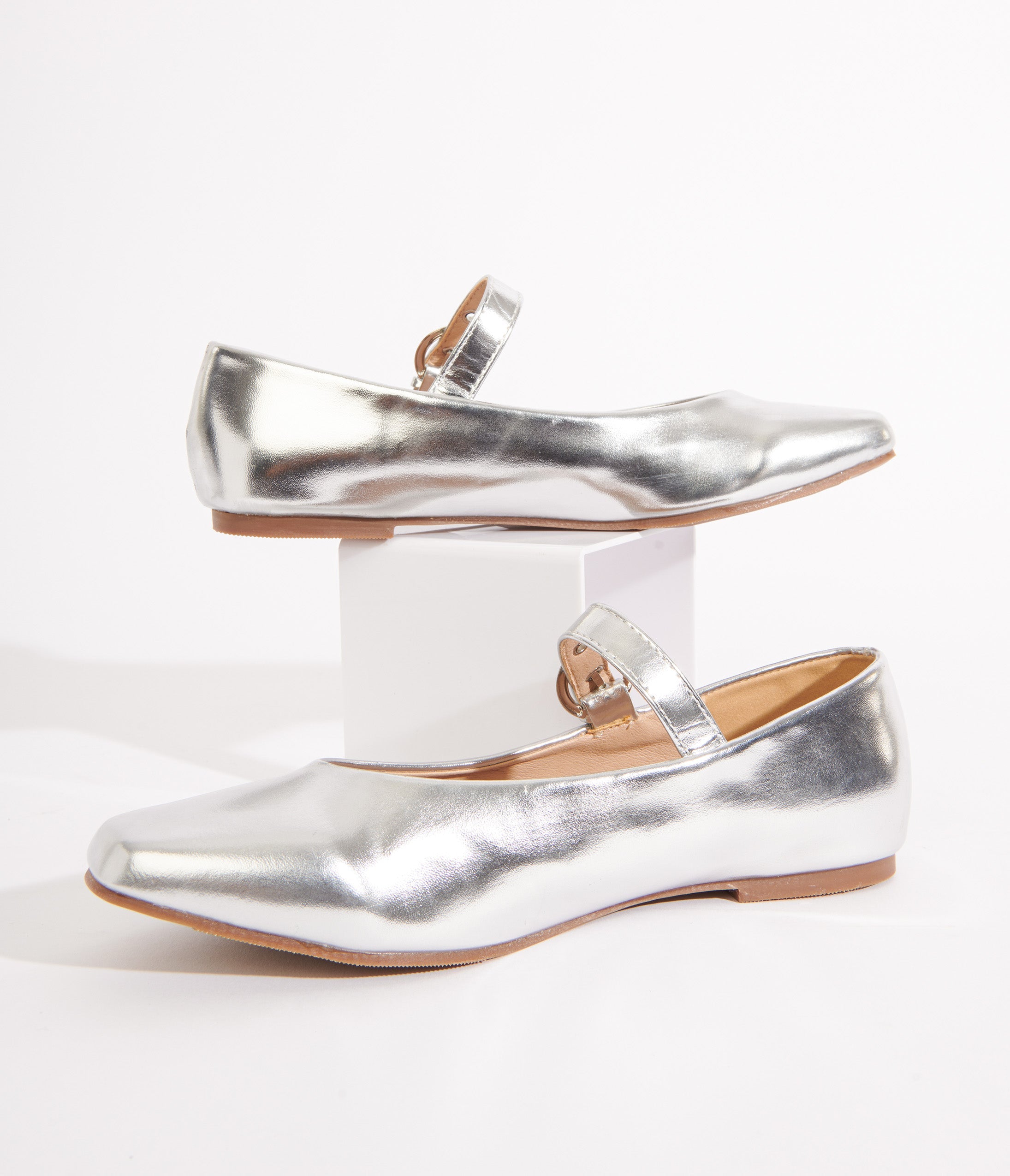 Silver Leatherette Mary Jane Flats