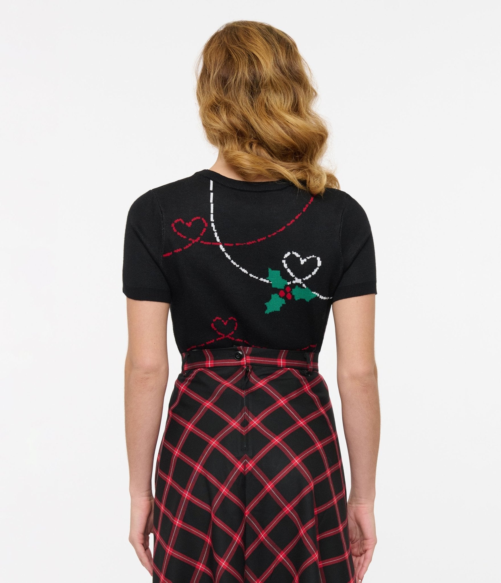 Hell Bunny 1950s Festive Hearts & Holly Print Angelica Knit Top