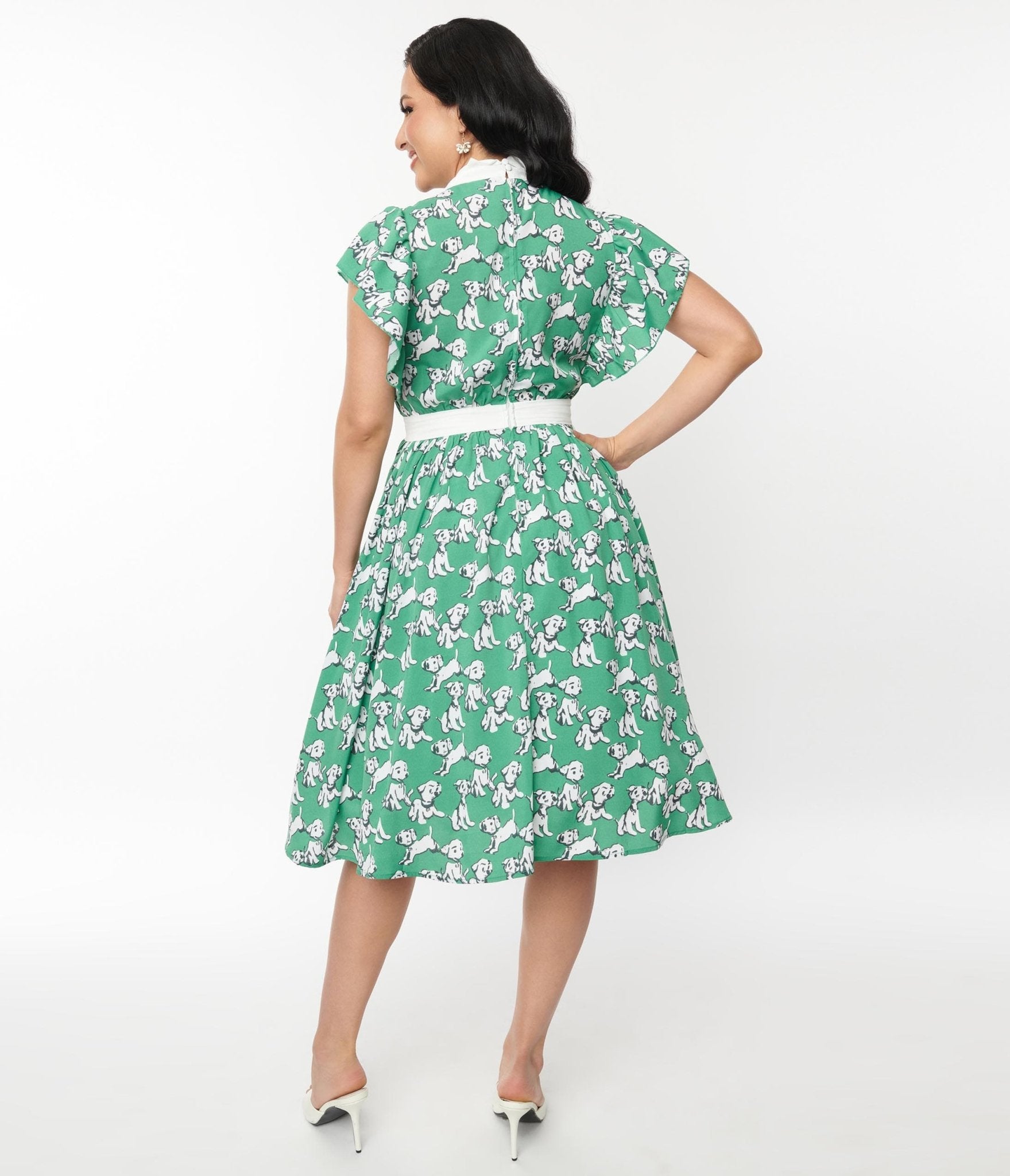 Unique Vintage Green Dog Print Swing Dress