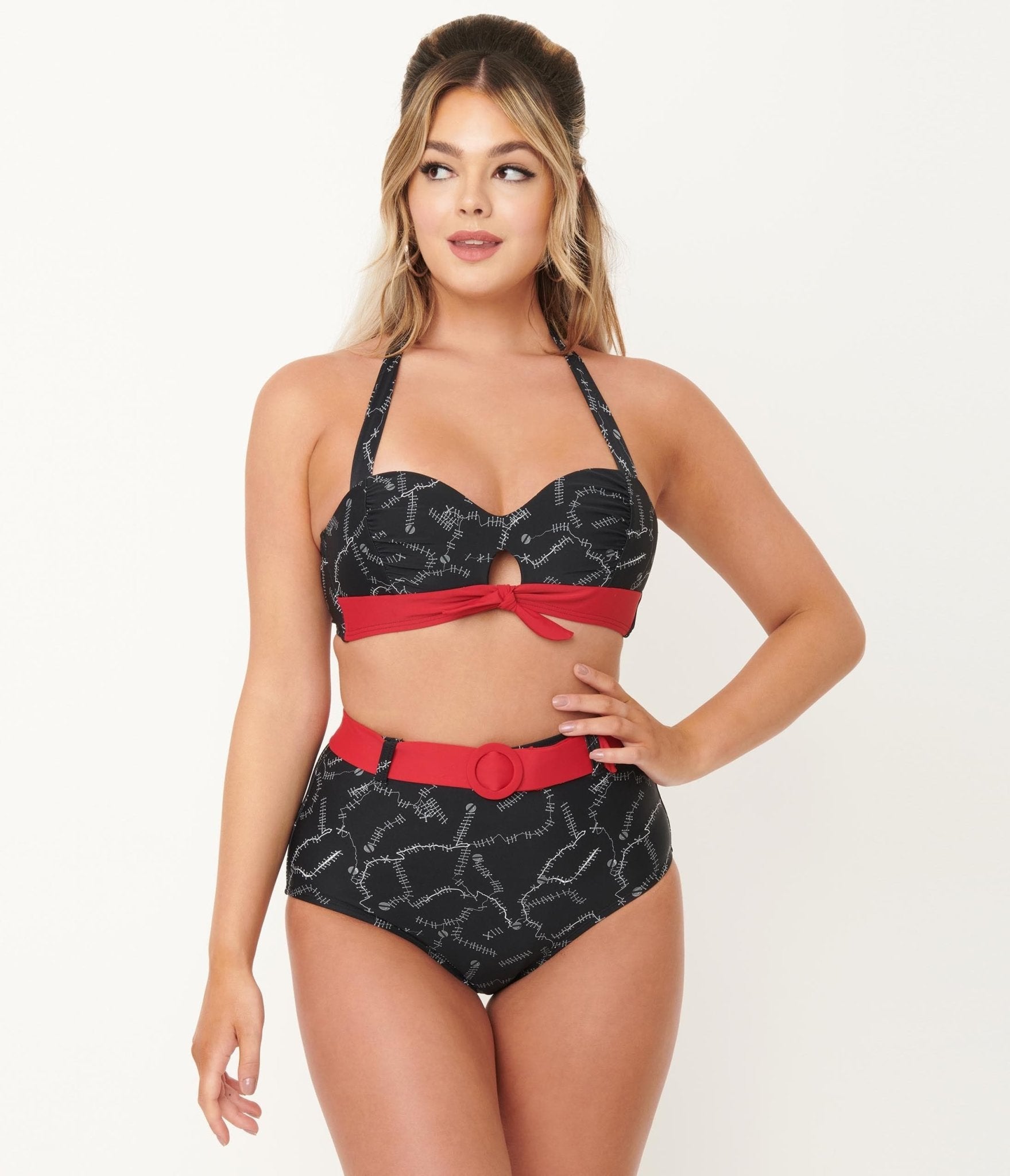 Unique Vintage Black Spooky Stitches Mrs. West Swim Top