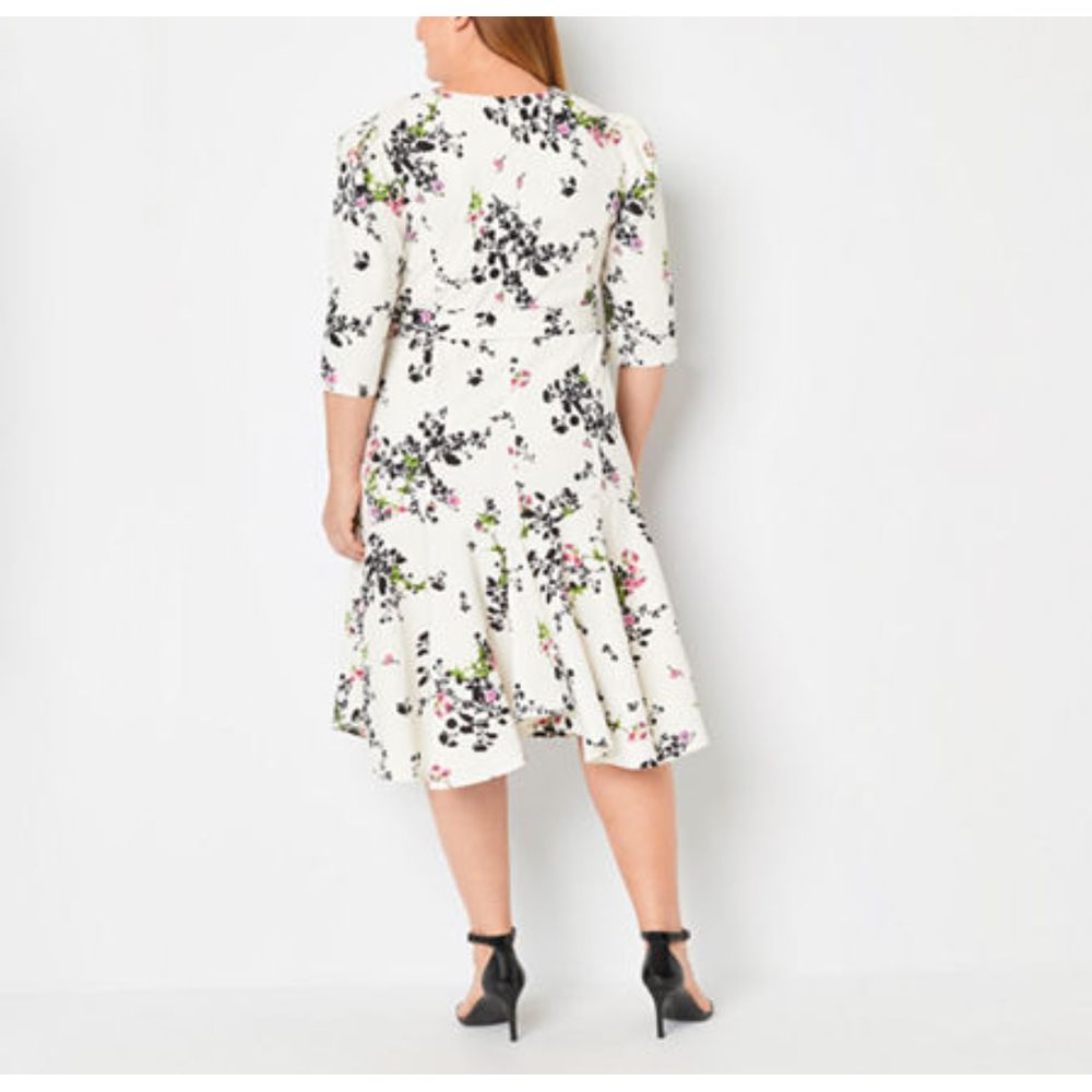 Danny & Nicole Plus 3/4 Sleeve Floral Fit + Flare Dress - CREAM MULTI 16W