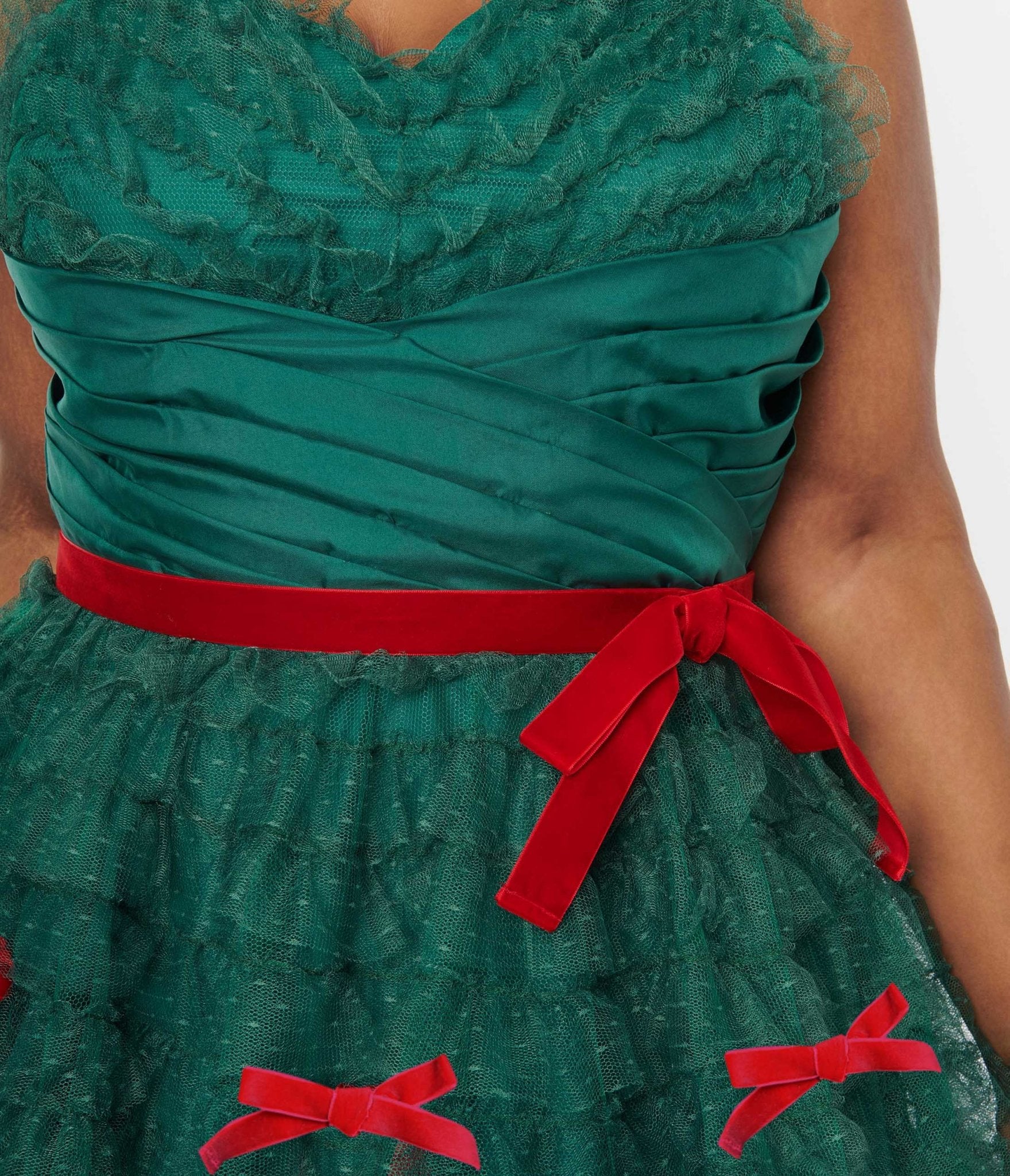 Unique Vintage Plus Size Emerald Green & Red Ribbon Tulle Cupcake Swing Dress