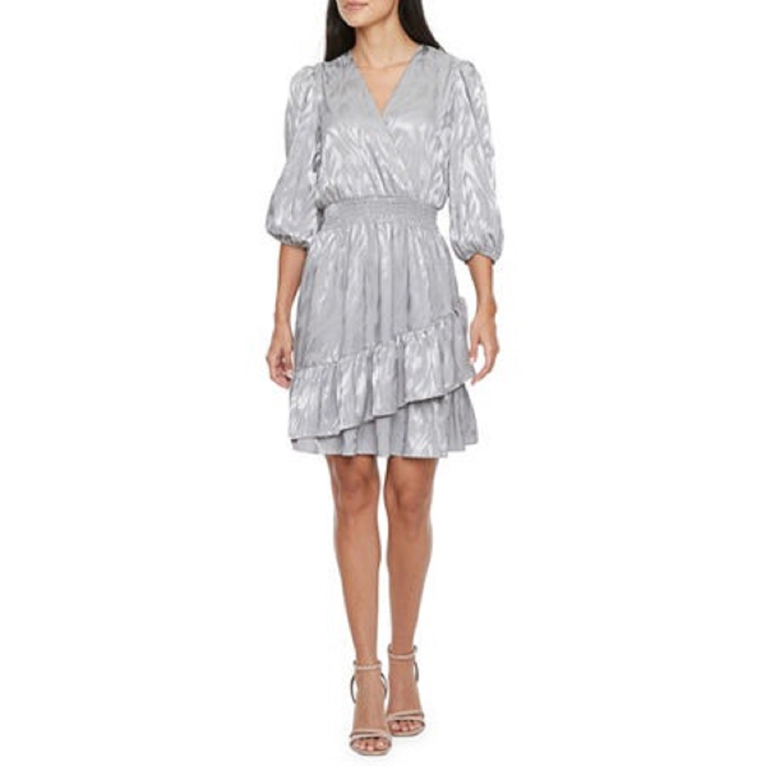 Melonie T 3/4 Sleeve Waves Fit + Flare Dress, 10, Silver - Machine Washable