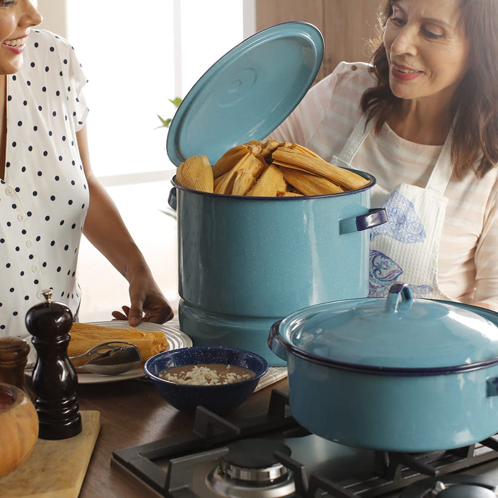 Cinsa 312129 Enamel on Steel 15 Quart Steamer Pot with Lid and Trivet, Blue