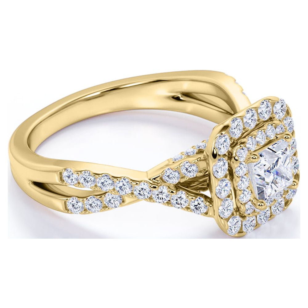 JeenMata Elegant 1 Carat - Twisted Band, Pave - Double Halo Engagement Ring, 10K Yellow Gold, Size:8 - Semi-Eternity