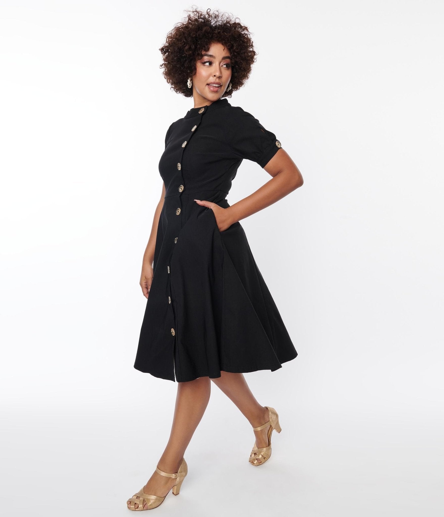 Unique Vintage Black Button Swing Dress