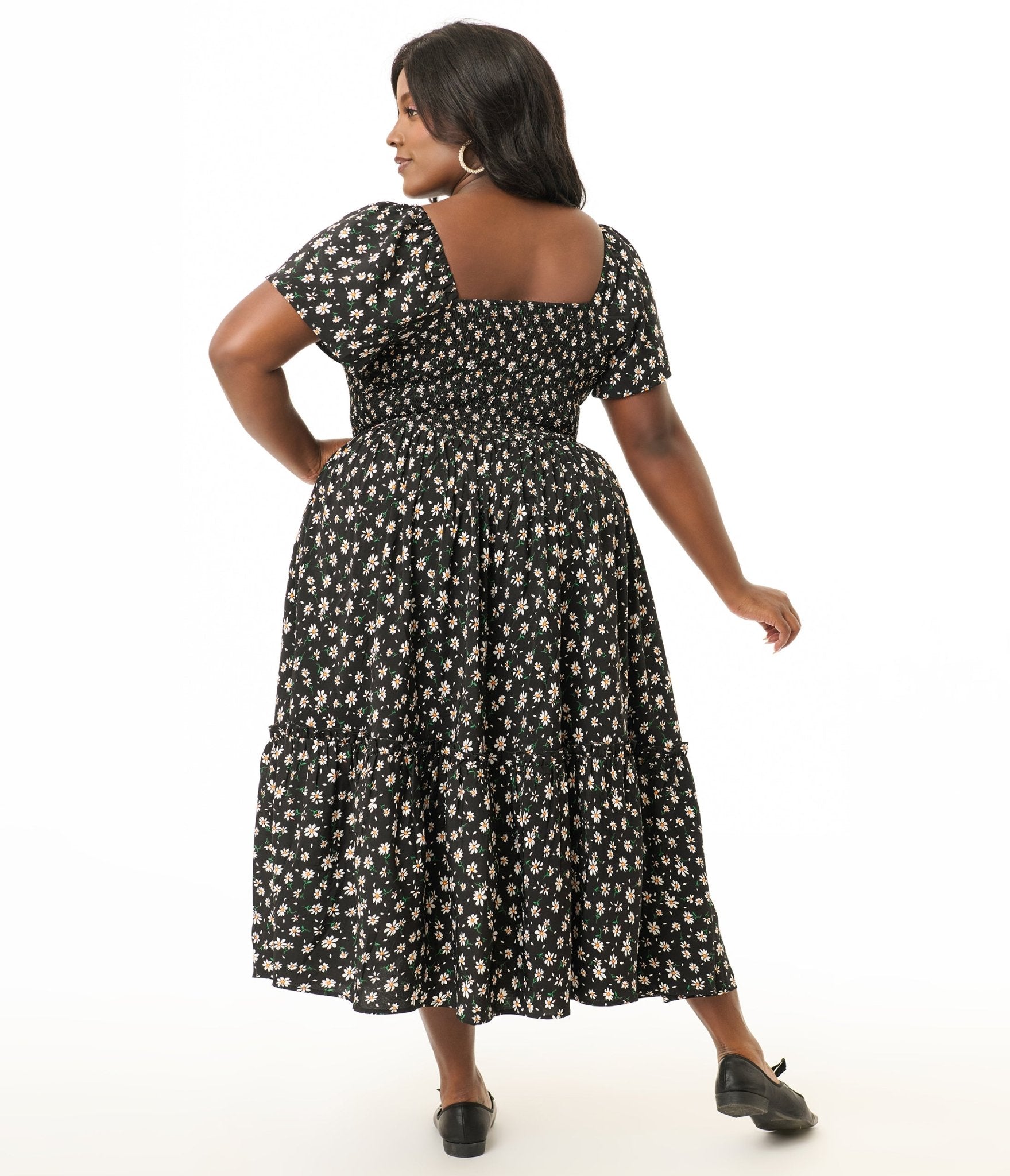 Unique Vintage Plus Size 1960s Black & White Ditsy Floral Smocked Bodice Midi Dress