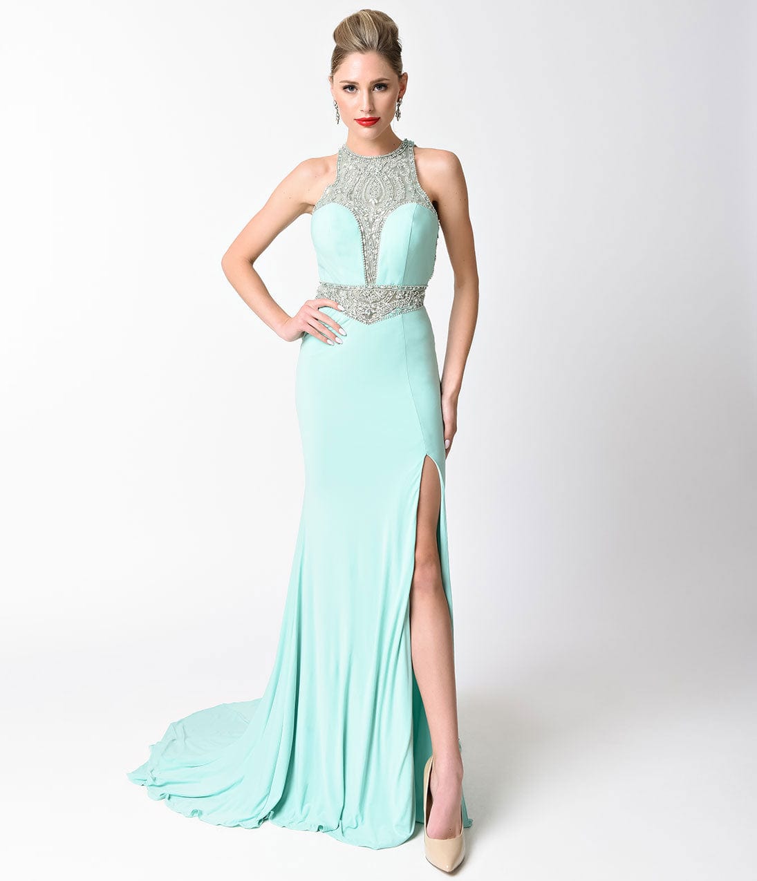 Mint Blue Fitted Jeweled Split Long Dress