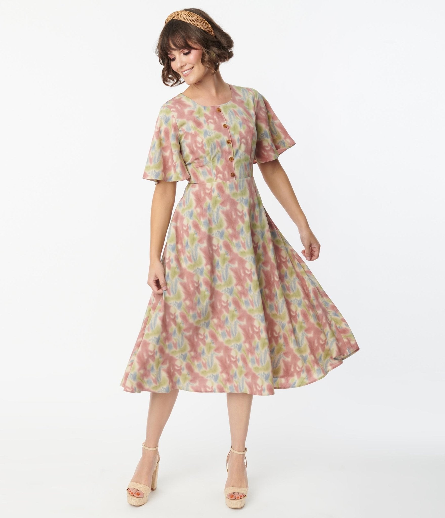 Pink & Blue Watercolor Pattern Festival Midi Dress