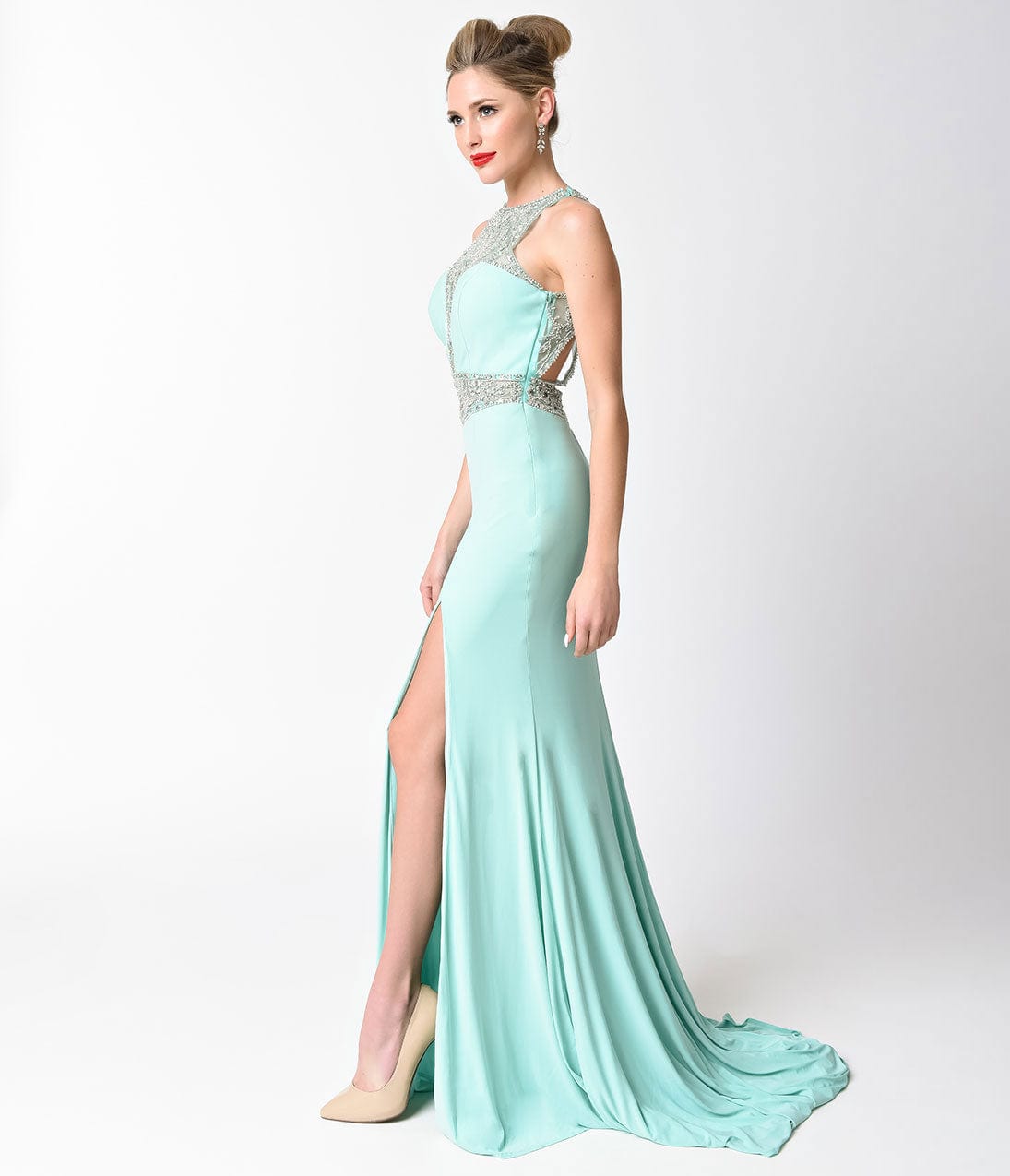 Mint Blue Fitted Jeweled Split Long Dress