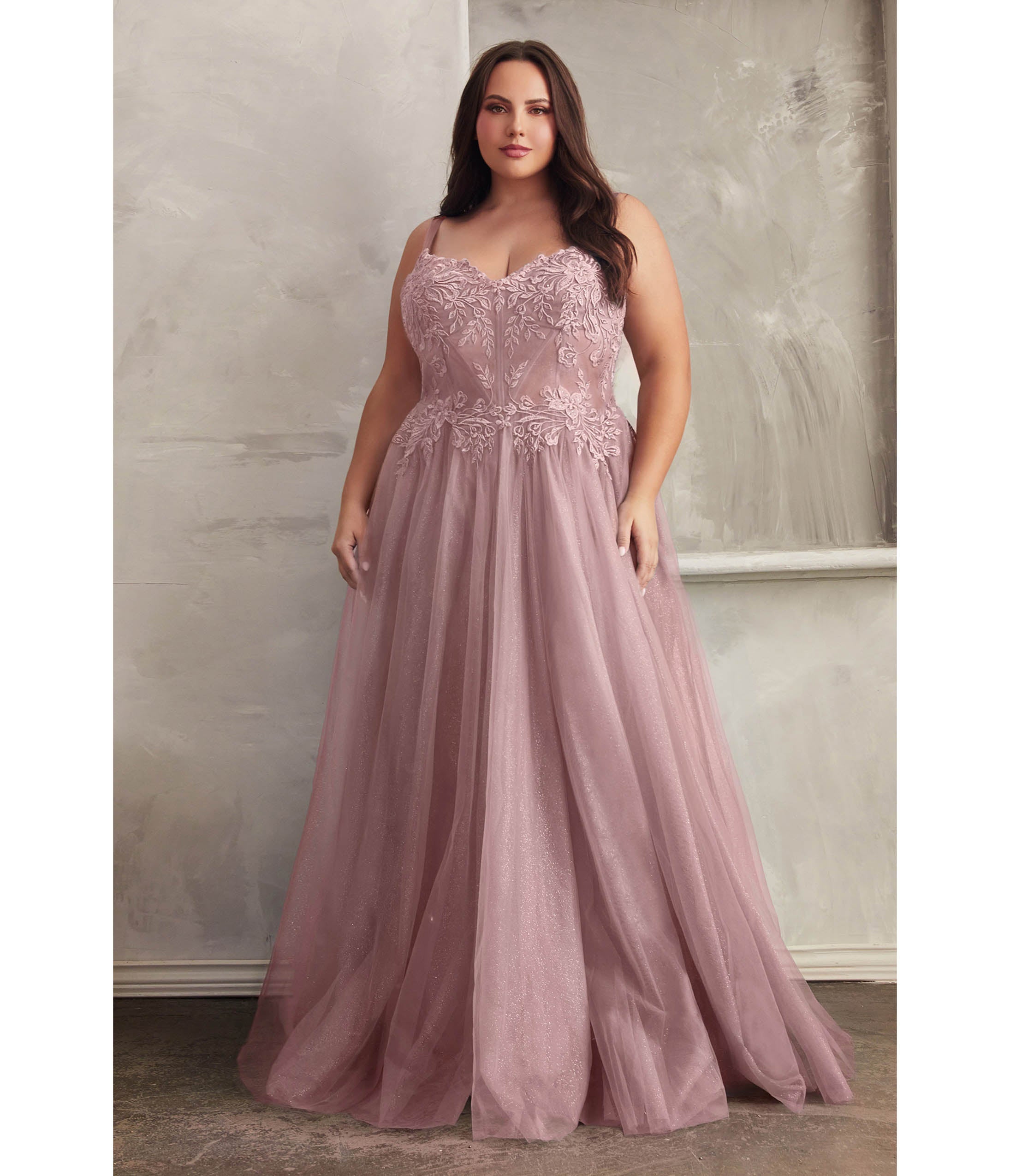 Ladivine by Cinderella Divine Plus Size Mauve Foliage Applique Corset Tulle Gown