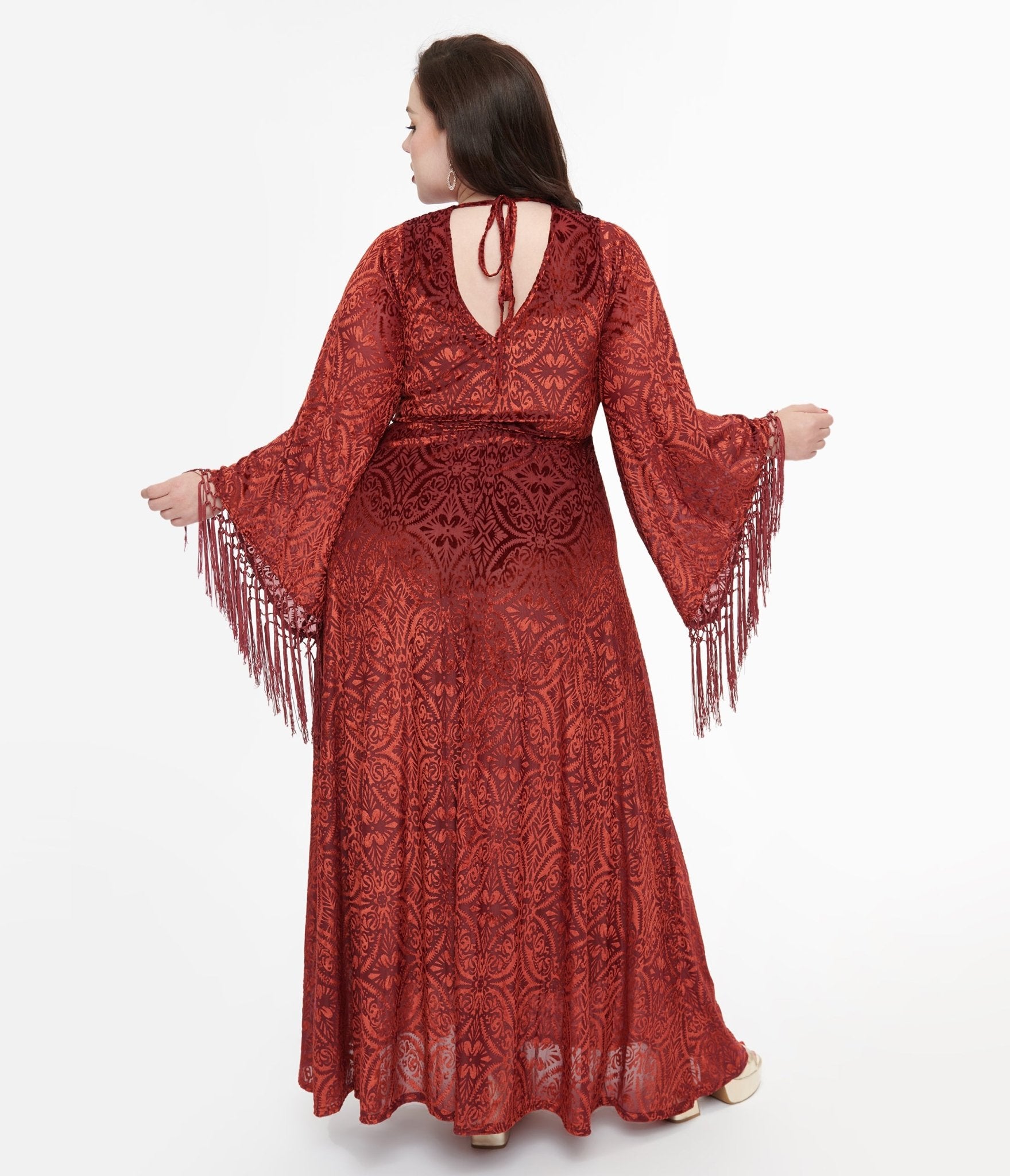 Smak Parlour Plus Size 1970s Burgundy Velvet Burnout Fringe Sleeve Maxi Dress