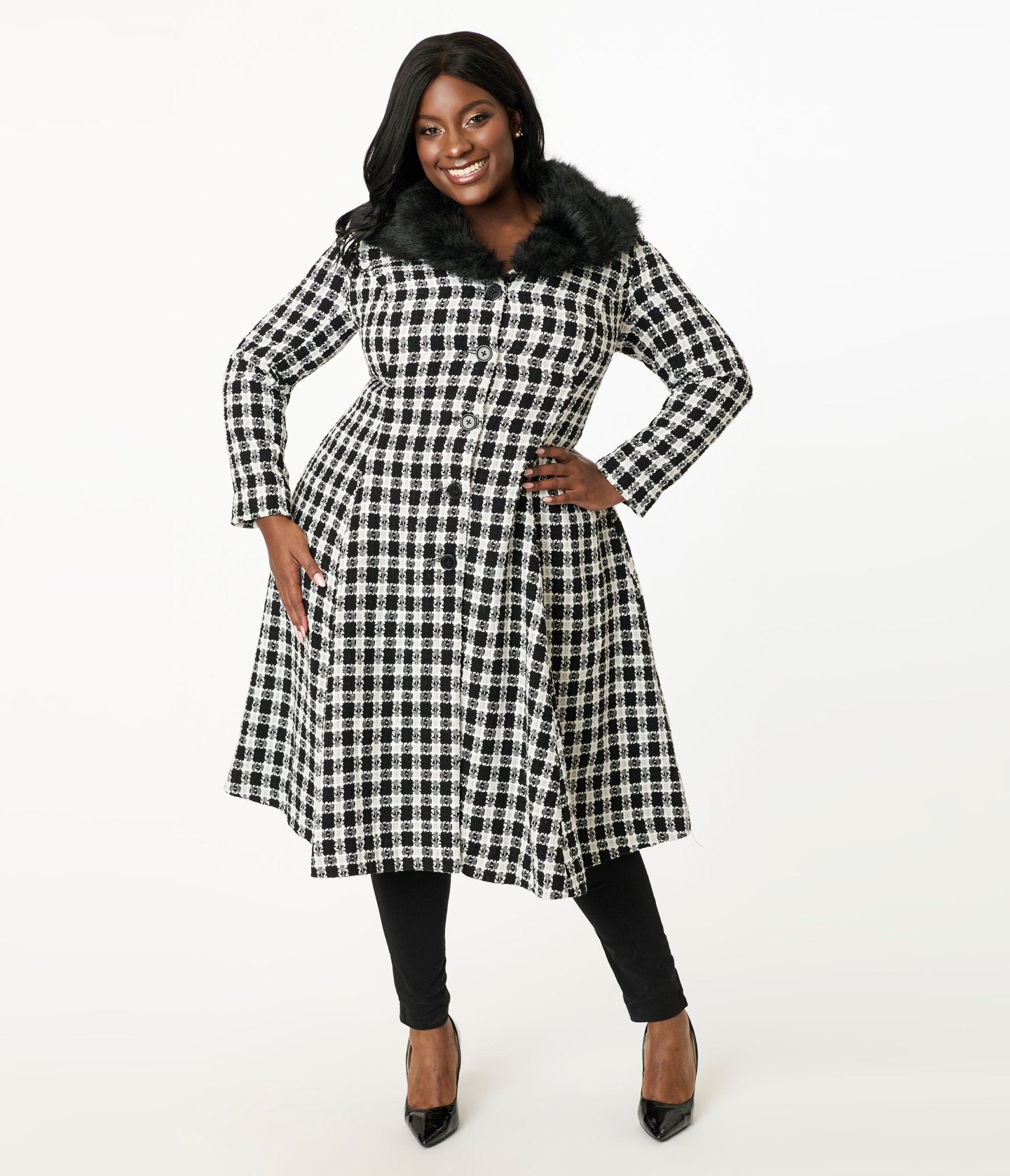 Unique Vintage Plus Size 1950s Black & White Plaid & Black Fur Carrie Swing Coat