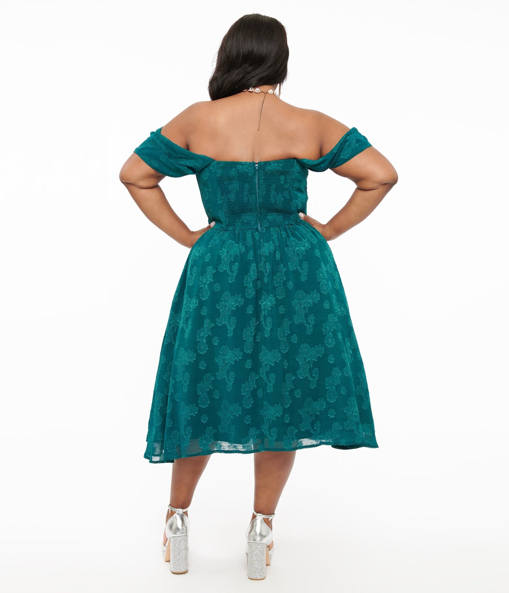 Unique Vintage Plus Size 1950s Teal Jacquard Off Shoulder Flare Dress