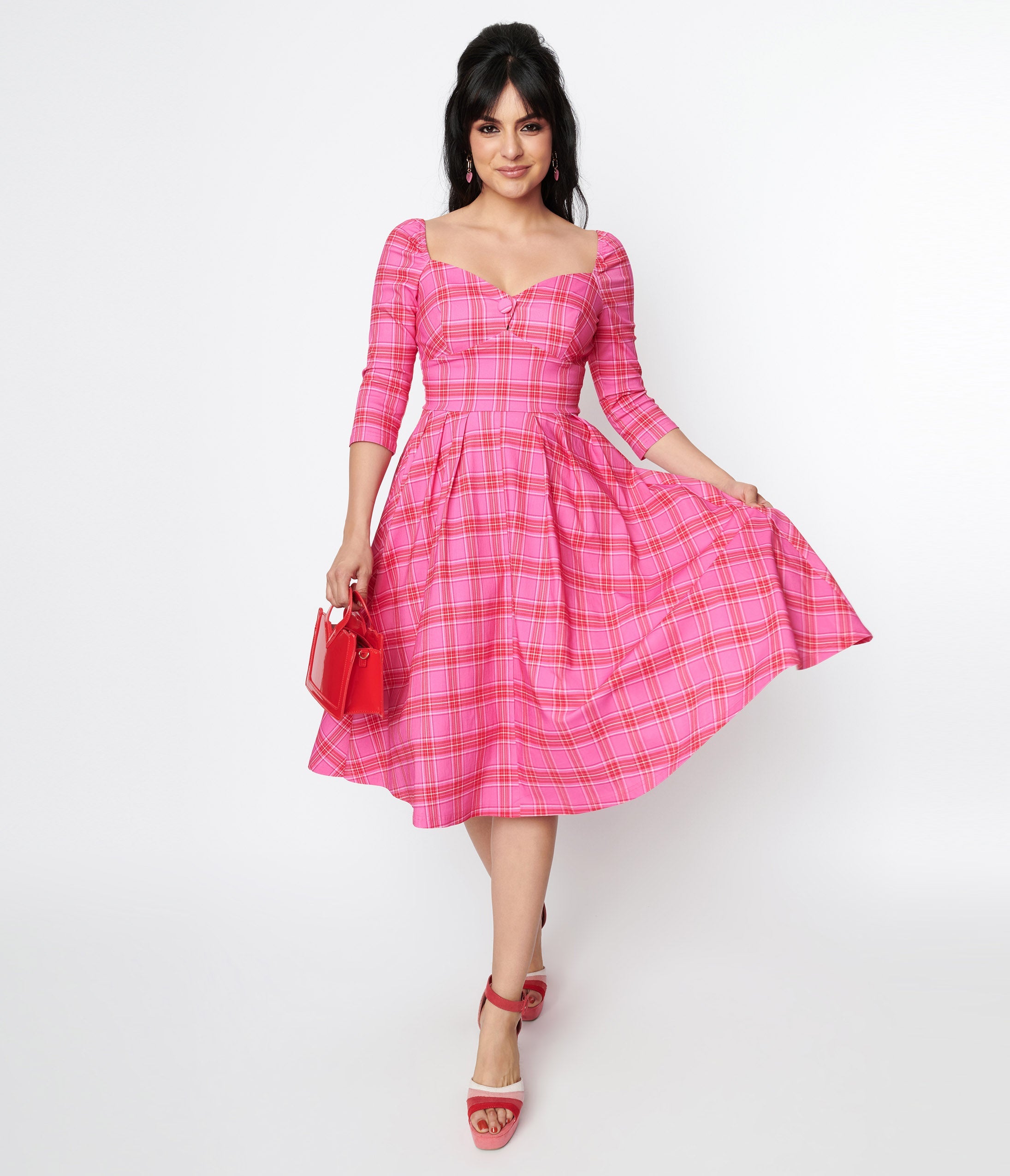 Unique Vintage Pink & Red Plaid Lamar Swing Dress