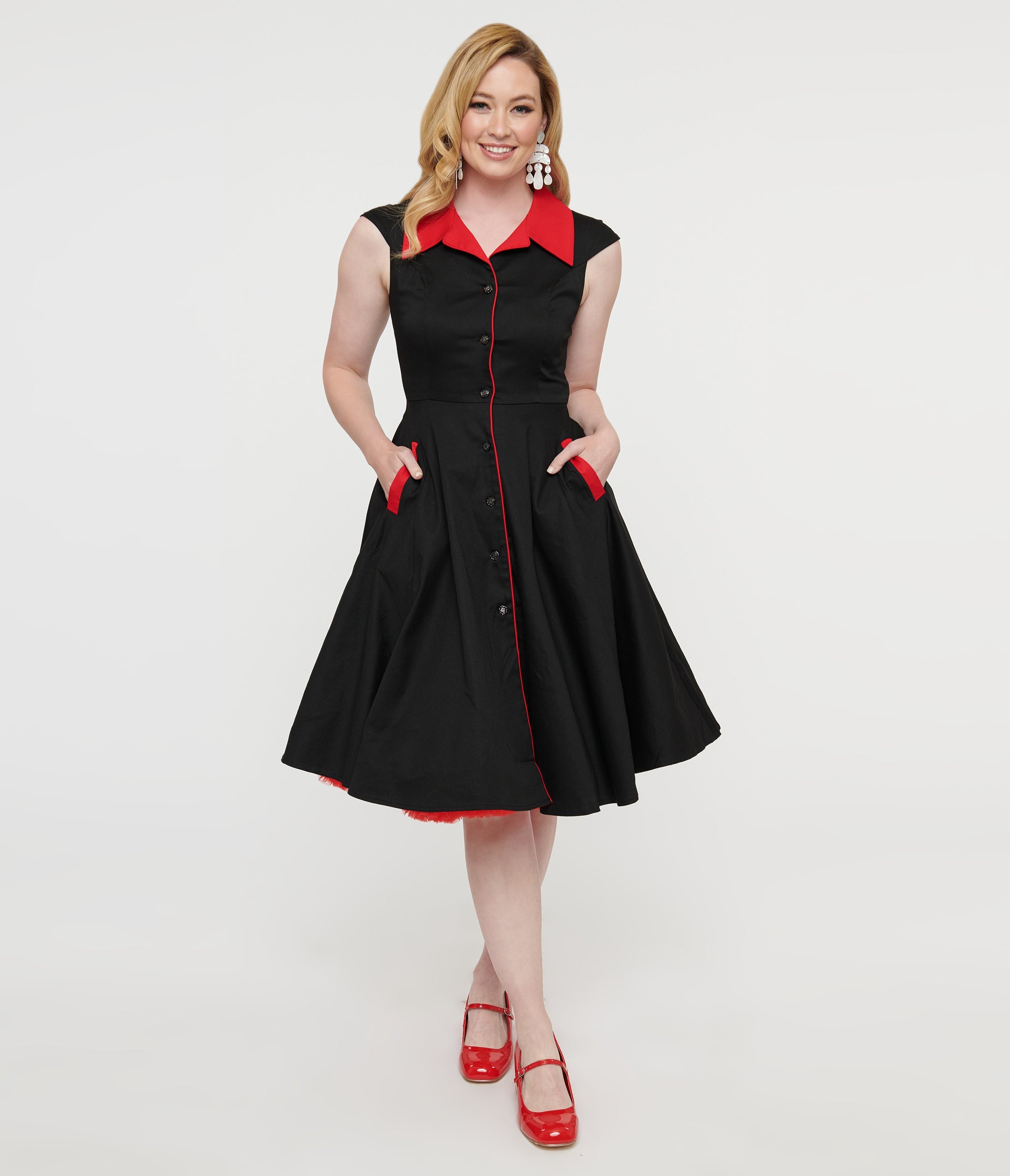 1950s Style Black & Red Cap Sleeve Button Up Diablo Swing Dress