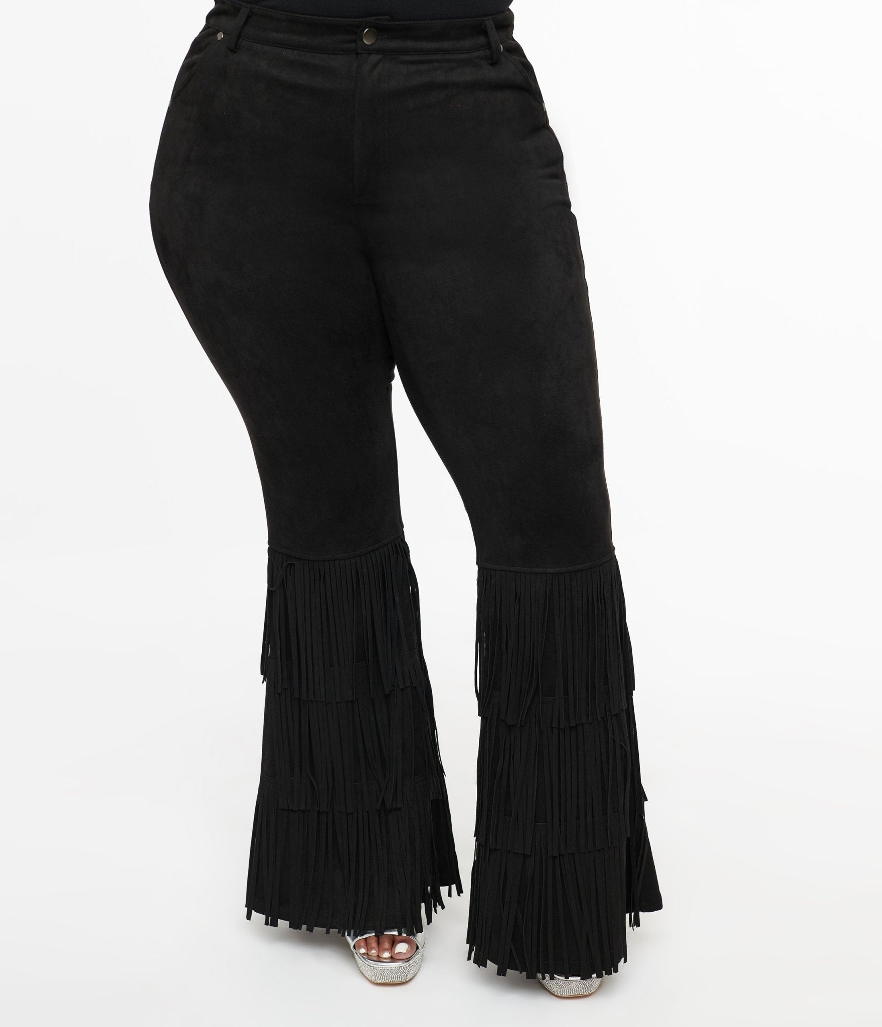 Smak Parlour Plus Size 1970s Black Suede Tassel Flare Pants