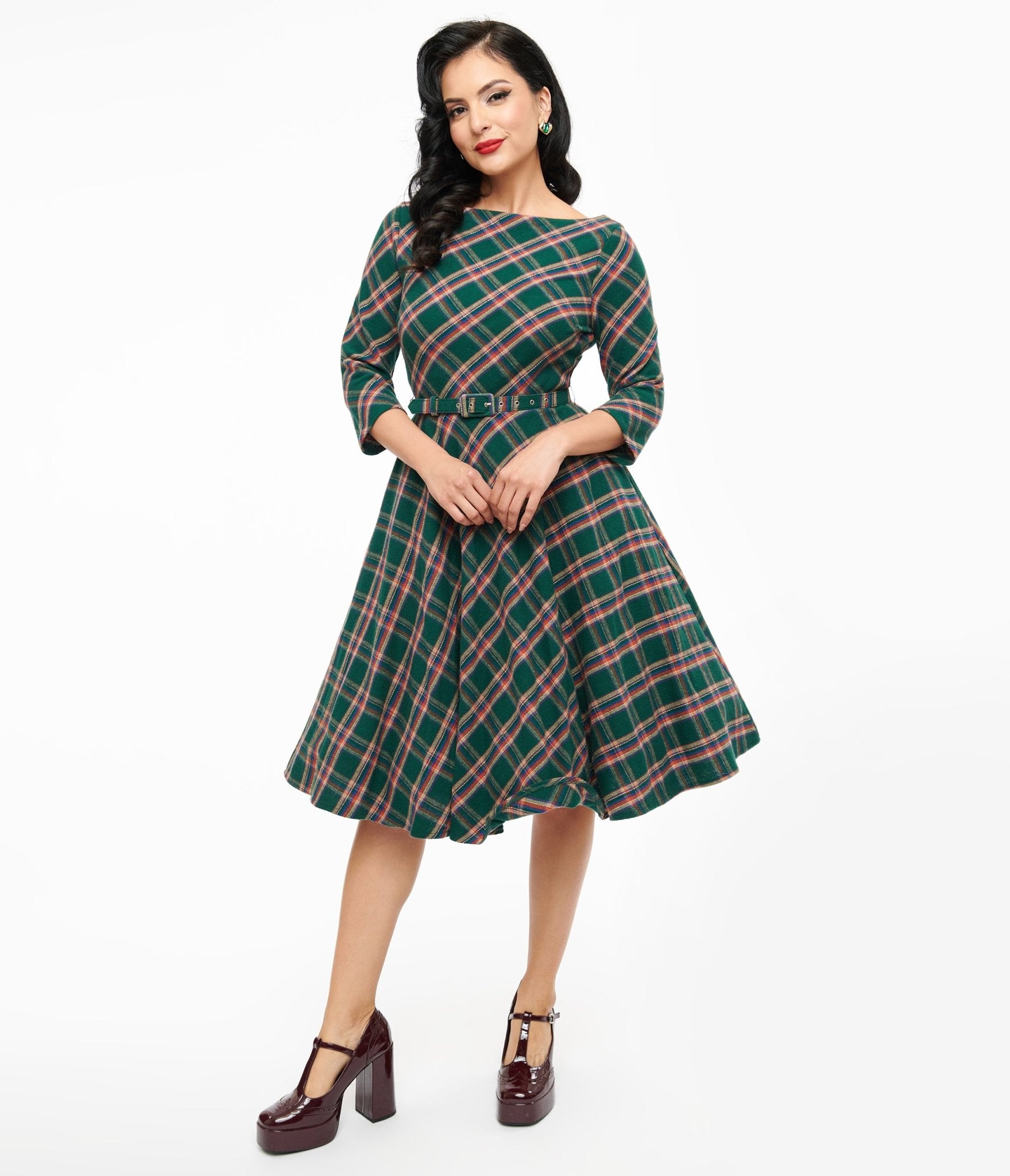 Unique Vintage 1950s Green & Tan Plaid Devon Swing Dress