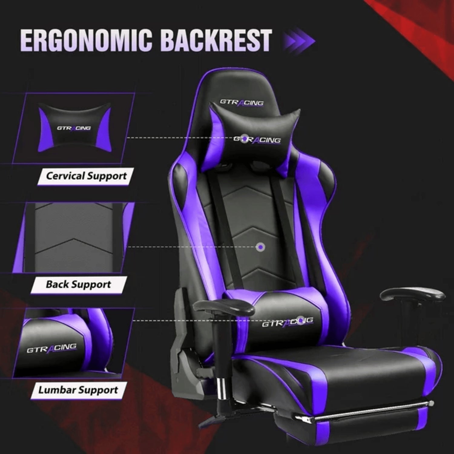 GTRACING GT099-PURPLE Gaming Chair with Footrest PU Leather Office Chair with Adjustable Headrest, Purple