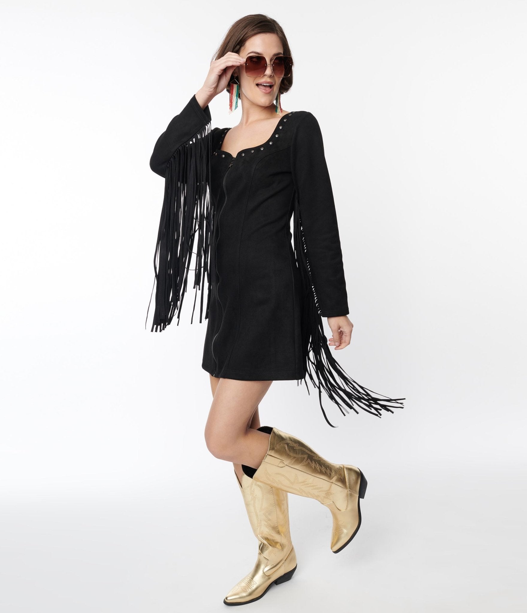 Smak Parlour Black Suede Shift Fringe Dress